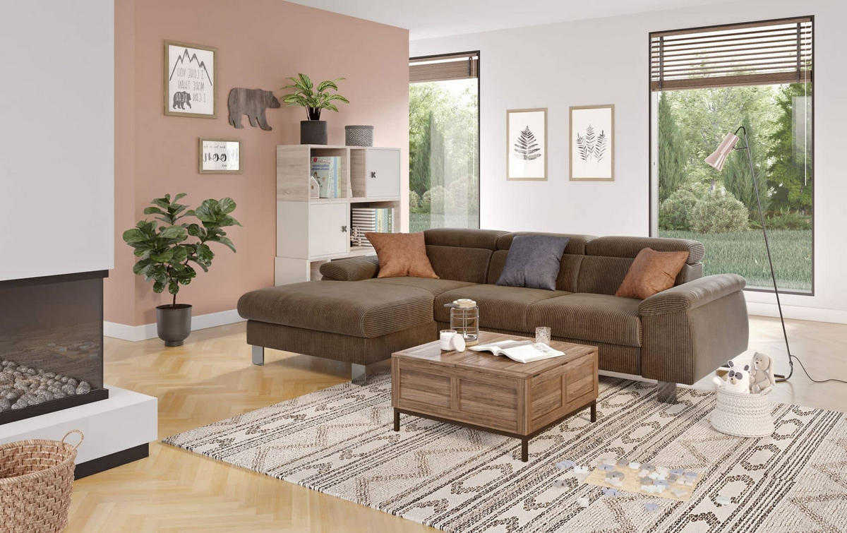 ECKSCHLAFSOFA mit Bettkasten – Cord-Stoff - Chromfarben/Braun, Holz/Textil (244/166cm) - Cotta