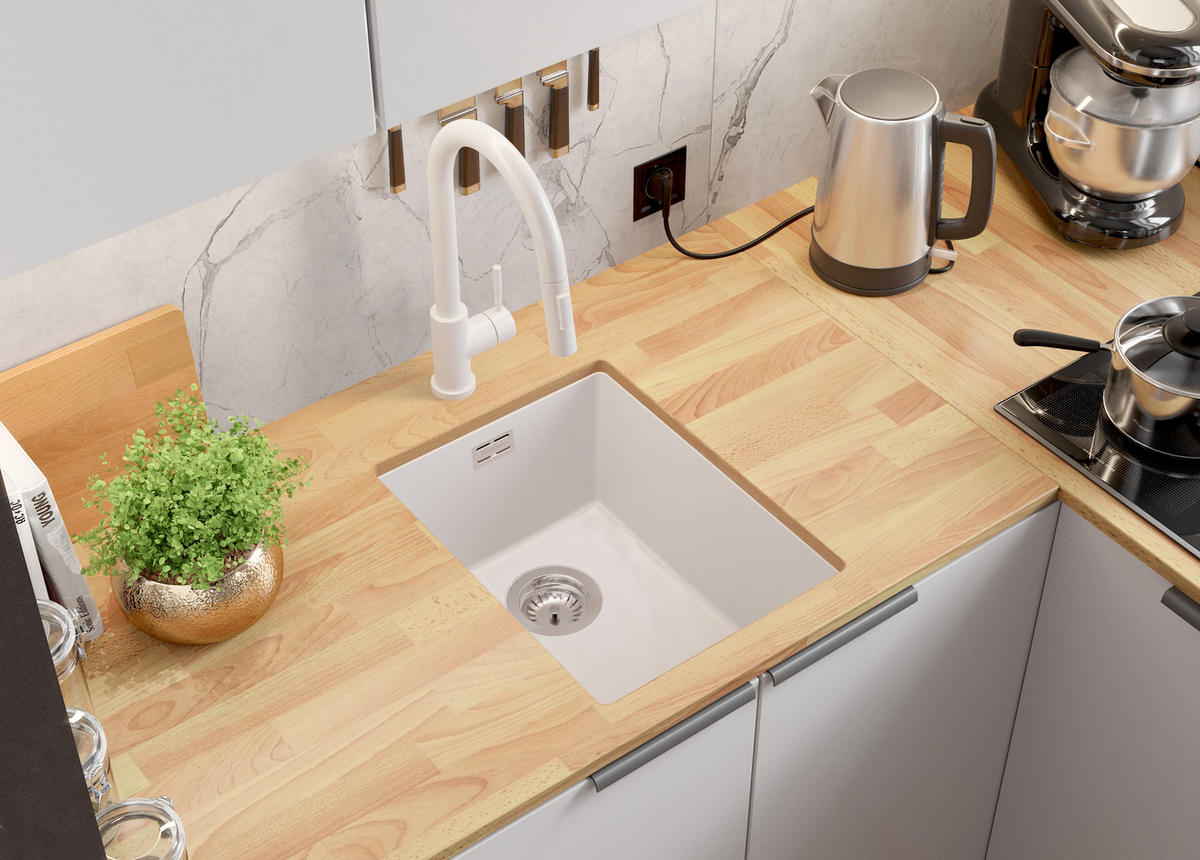 UNTERBAUSPÜLE GRANIT London, 2-er set Alles Weiß 36/47 cm 1 Becken + Ablauf-Set ab 40er Unterschrank - Weiß, Kunststoff (36/20/47cm) - Primagran