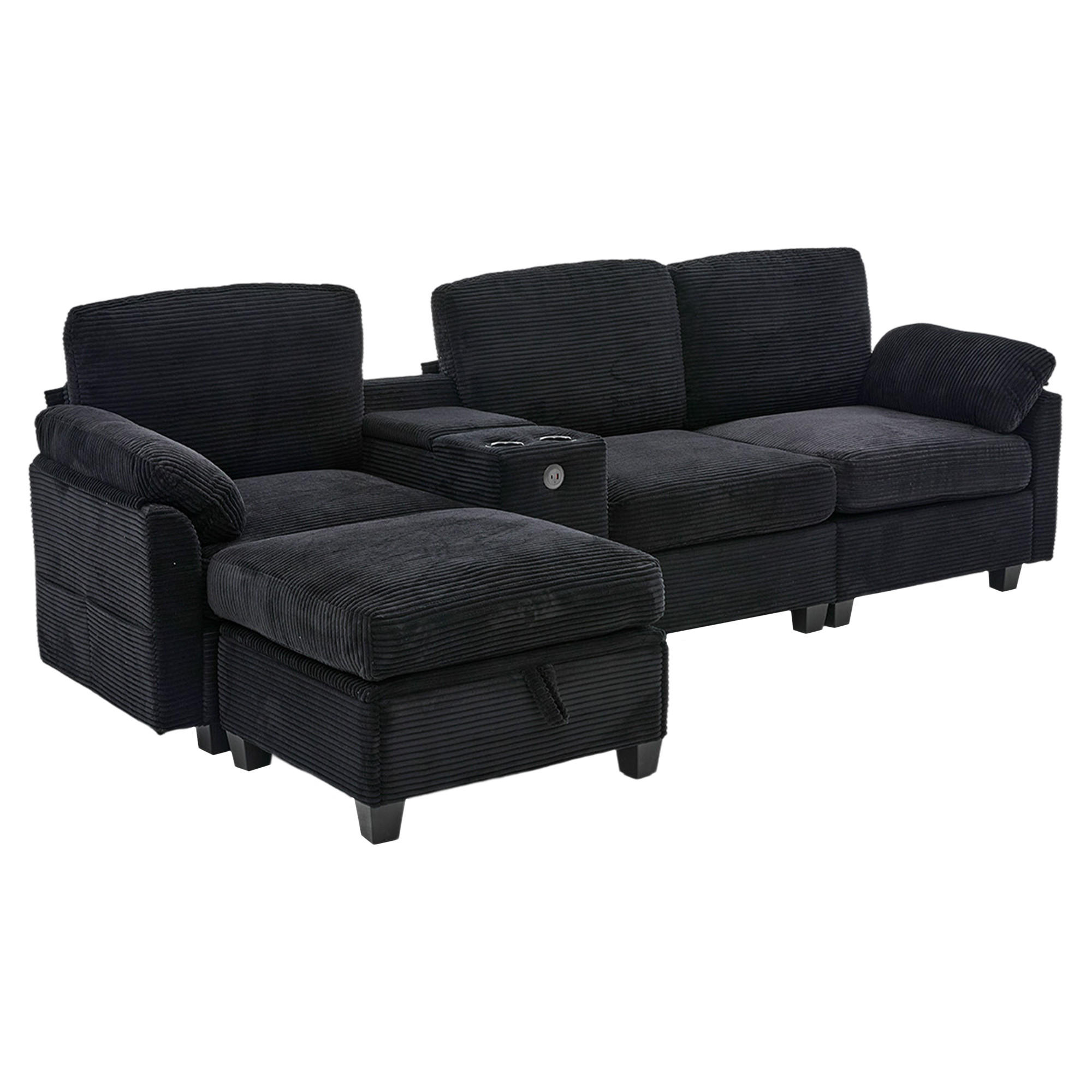 ECKSOFA L-Form mit verstellbarer Mittelkonsole und Stauraumhocker Cord schwarz 266/136/82 cm - Schwarz, Textil (266/136cm) - OKWISH