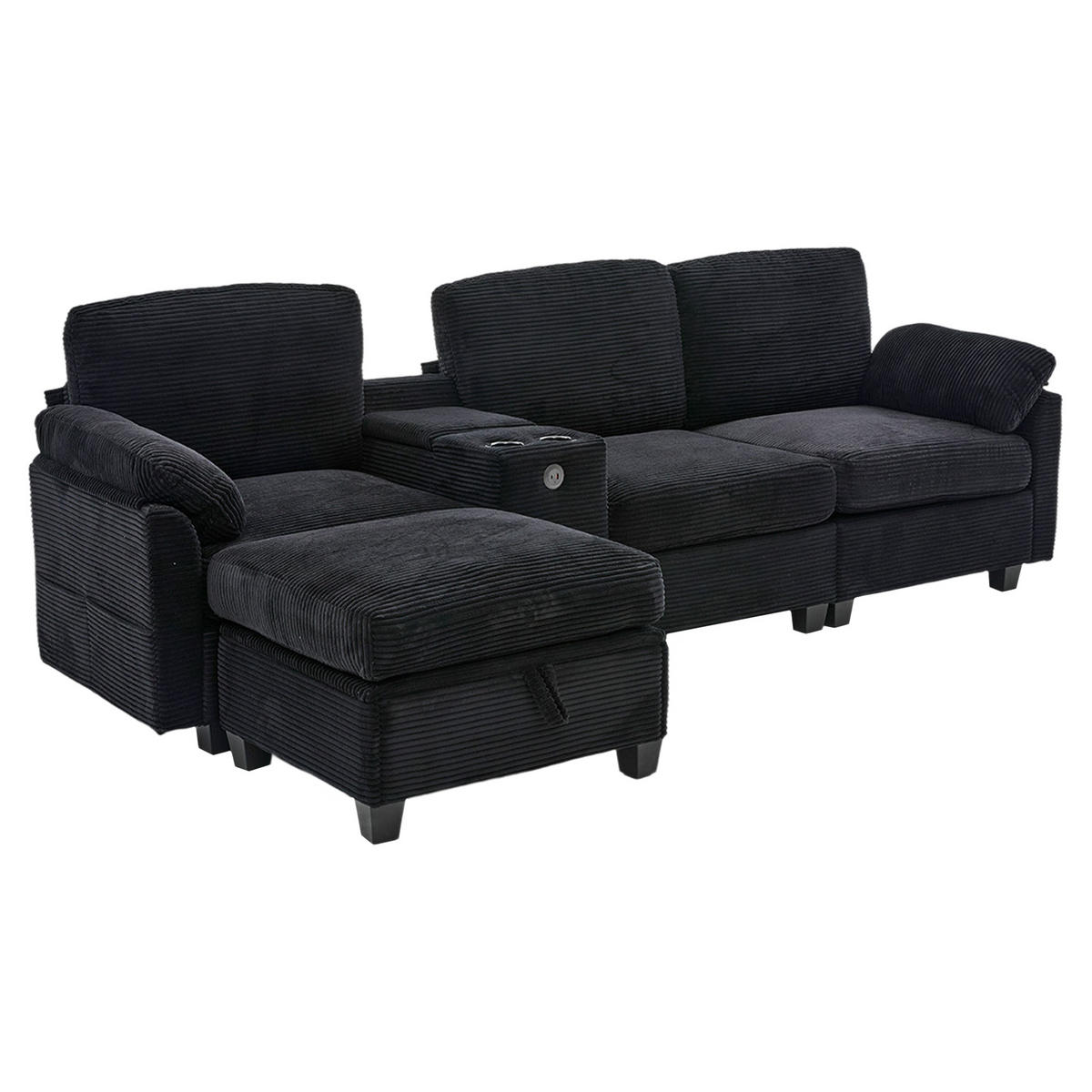 ECKSOFA L-Form mit verstellbarer Mittelkonsole und Stauraumhocker Cord schwarz 266/136/82 cm - Schwarz, Textil (266/136cm) - OKWISH