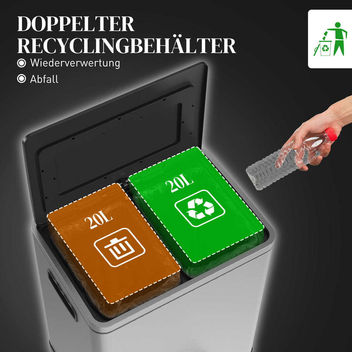 MÜLLEIMER 40L Edelstahl, Silber, 40 x 34,8 x 59 cm - Silberfarben, Kunststoff (70/59/34.8cm) - HOMCOM