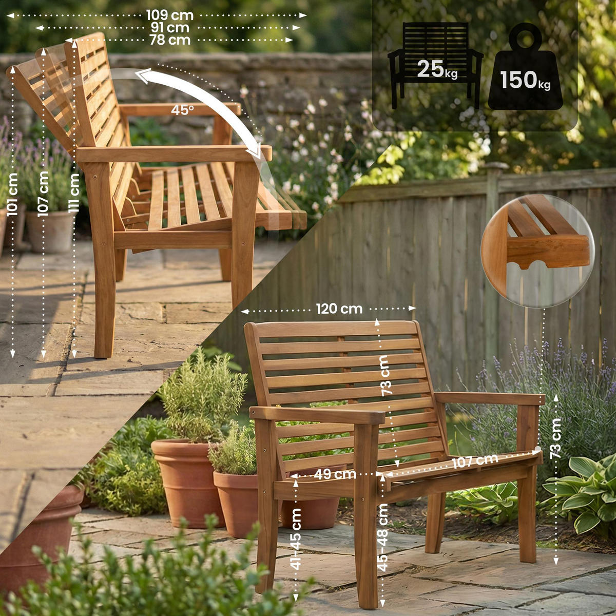 TEAKBANK Peter Liegefunktion 120x78x111cm Teakholz Teak Gartenbank - Teakfarben, Holz (120/111/78cm) - DELUKE