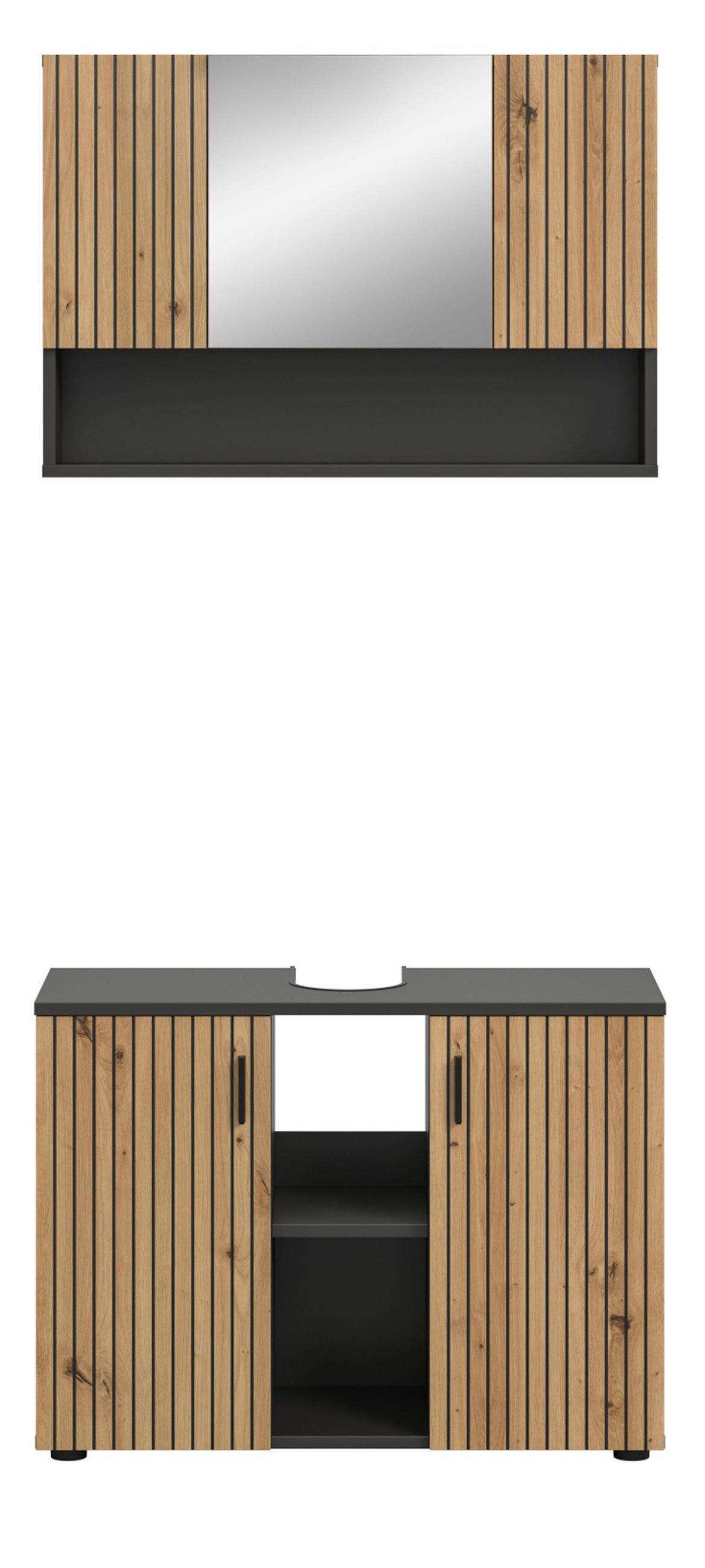 BADMÖBEL-SET Eiche Artisan, grau 2-teilig 80 cm, Badkombination mit Rillen-Optik - Schwarz/Eiche Artisan, Glas/Holzwerkstoff (80/180/30cm) - Inn.Furn