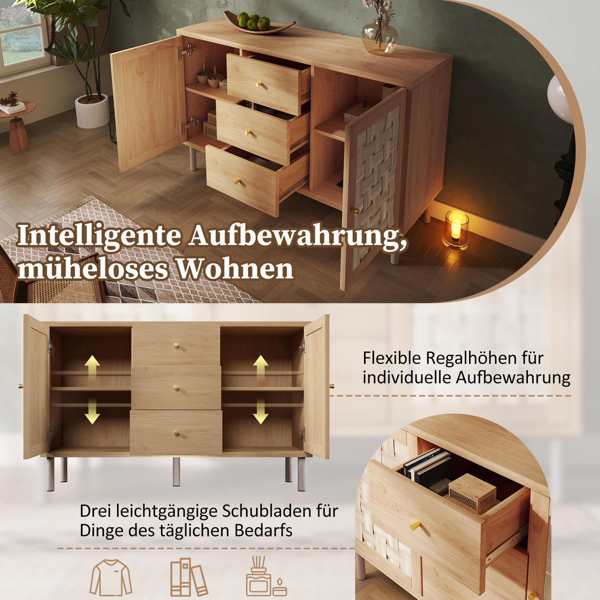 KOMMODE 120/40/75 cm aus Holz mit höhenverstellbaren Einlegeböden Eichefarben - Nussbaumfarben, Holzwerkstoff (120/70/40cm) - Modenvie