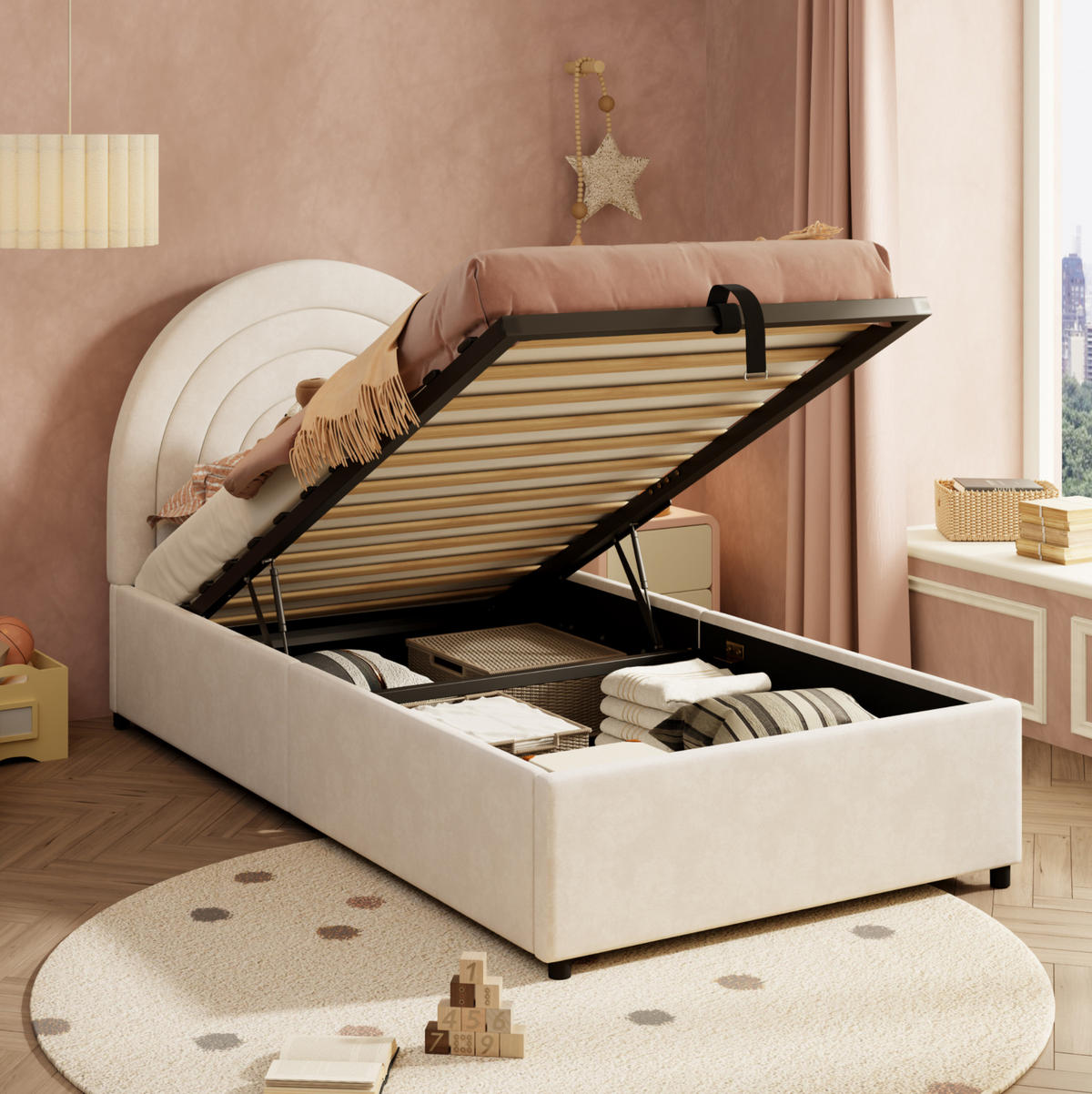 POLSTERBETT 90/200 cm beige aus Samt mit Stauraum und Kopfteil - Beige, Holzwerkstoff (90/200cm) - OKWISH