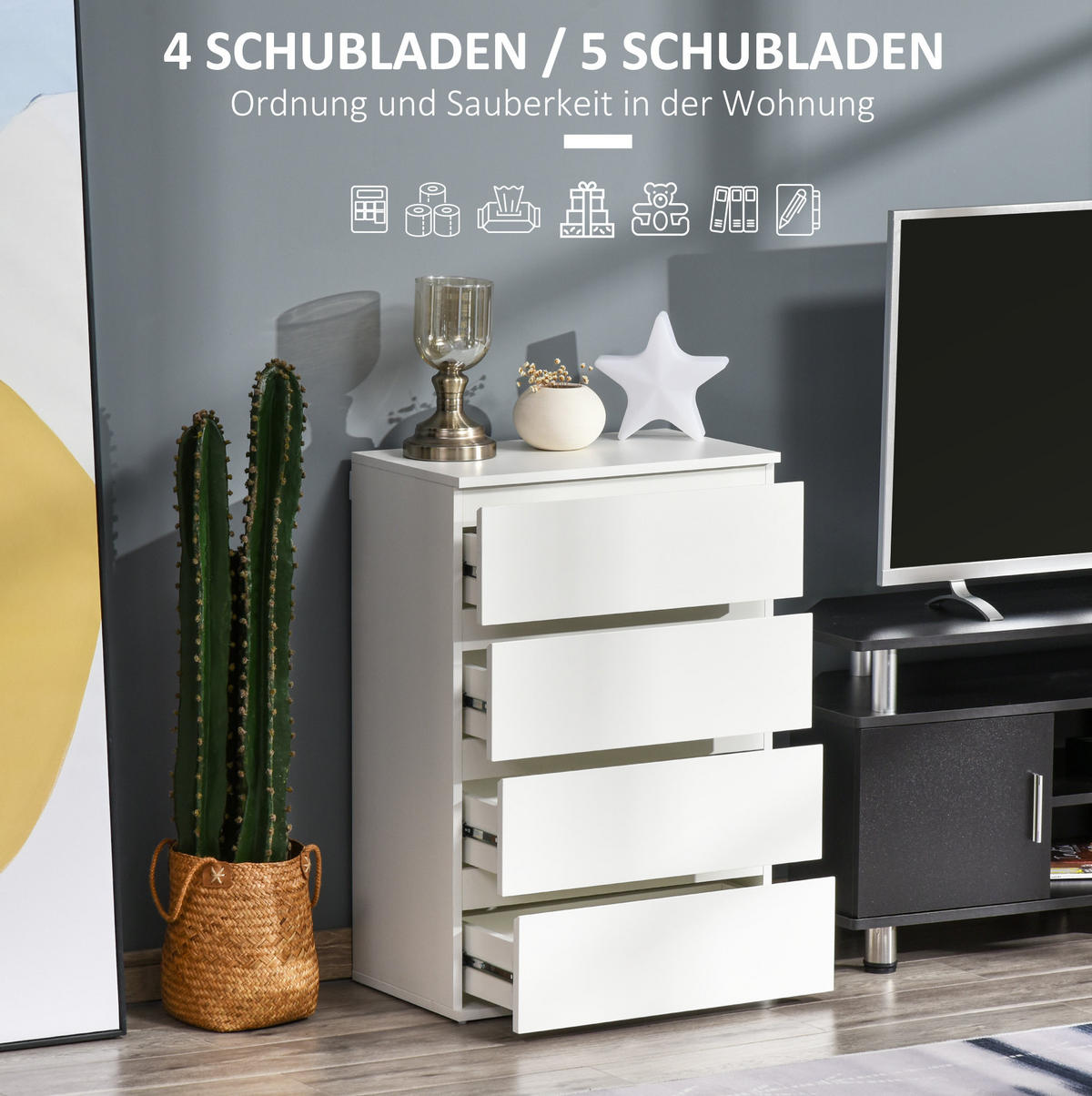 KOMMODE aus MDF 33x55x80 cm Weiß mit 4 Schubladen, Soft-Close und Kippschutz - Weiß, Holzwerkstoff (55/80/33cm) - Modfu