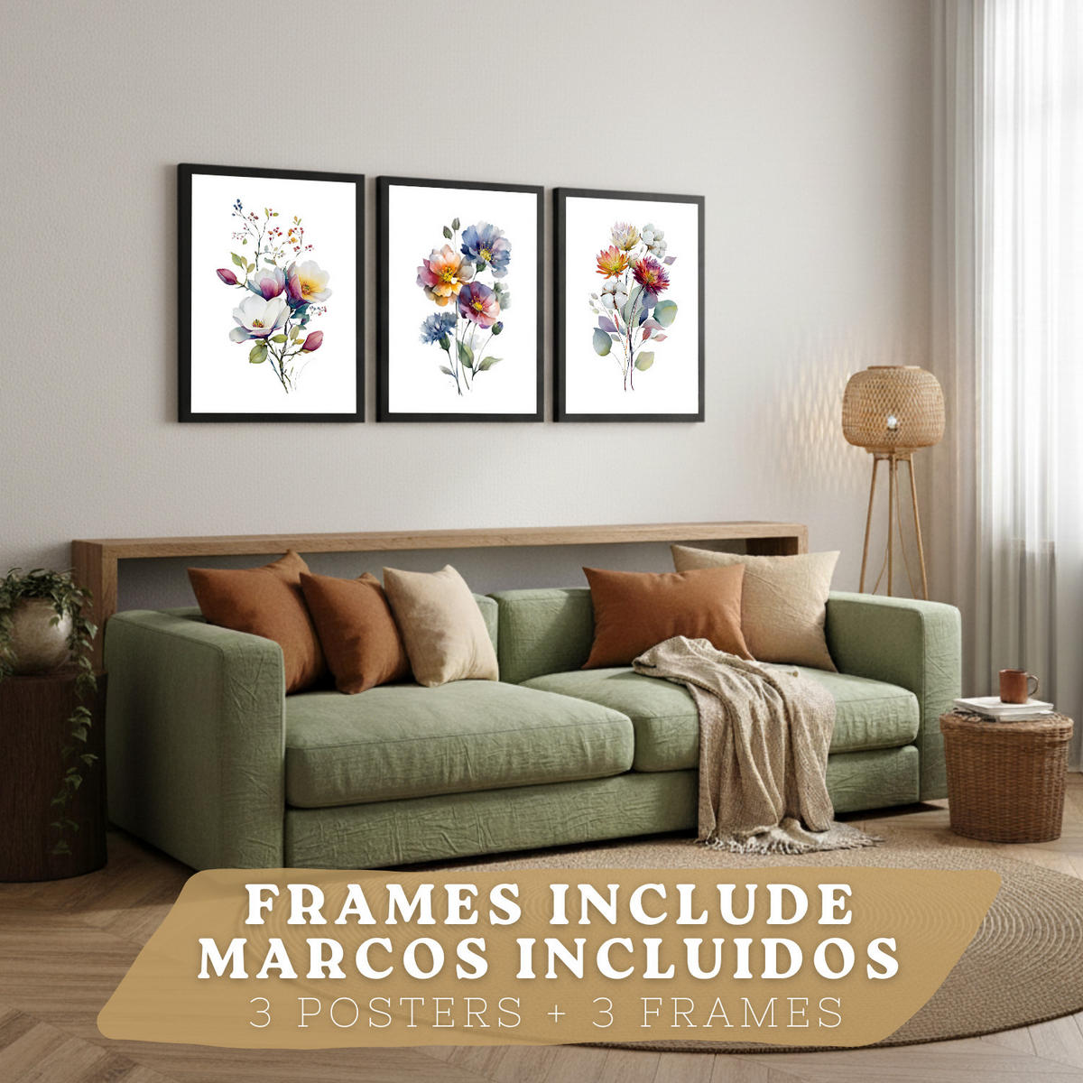 PLAKAT Sada 3 botanických uměleckých tisků. Květinové nástěnné umění. Moderní minimalistický květinový nástěnný PLAKAT. Velikost Černý rám A4 - černá, papír (21/29.7/3cm) - Nacnic