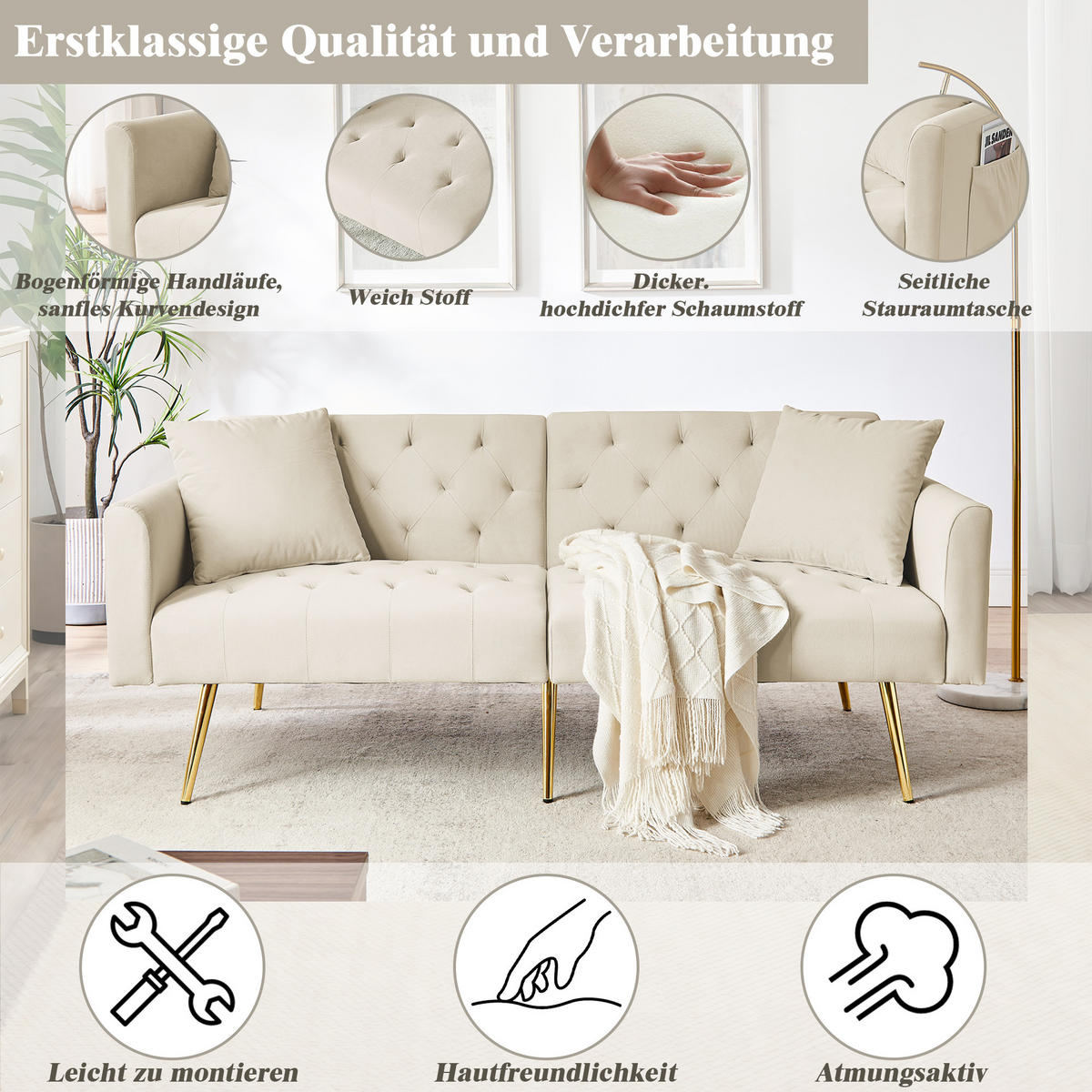 SCHLAFSOFA 177/78/74 cm in Beige Samt mit Aufbewahrungstasche - Beige, Textil (78/74/177cm) - Oxeza