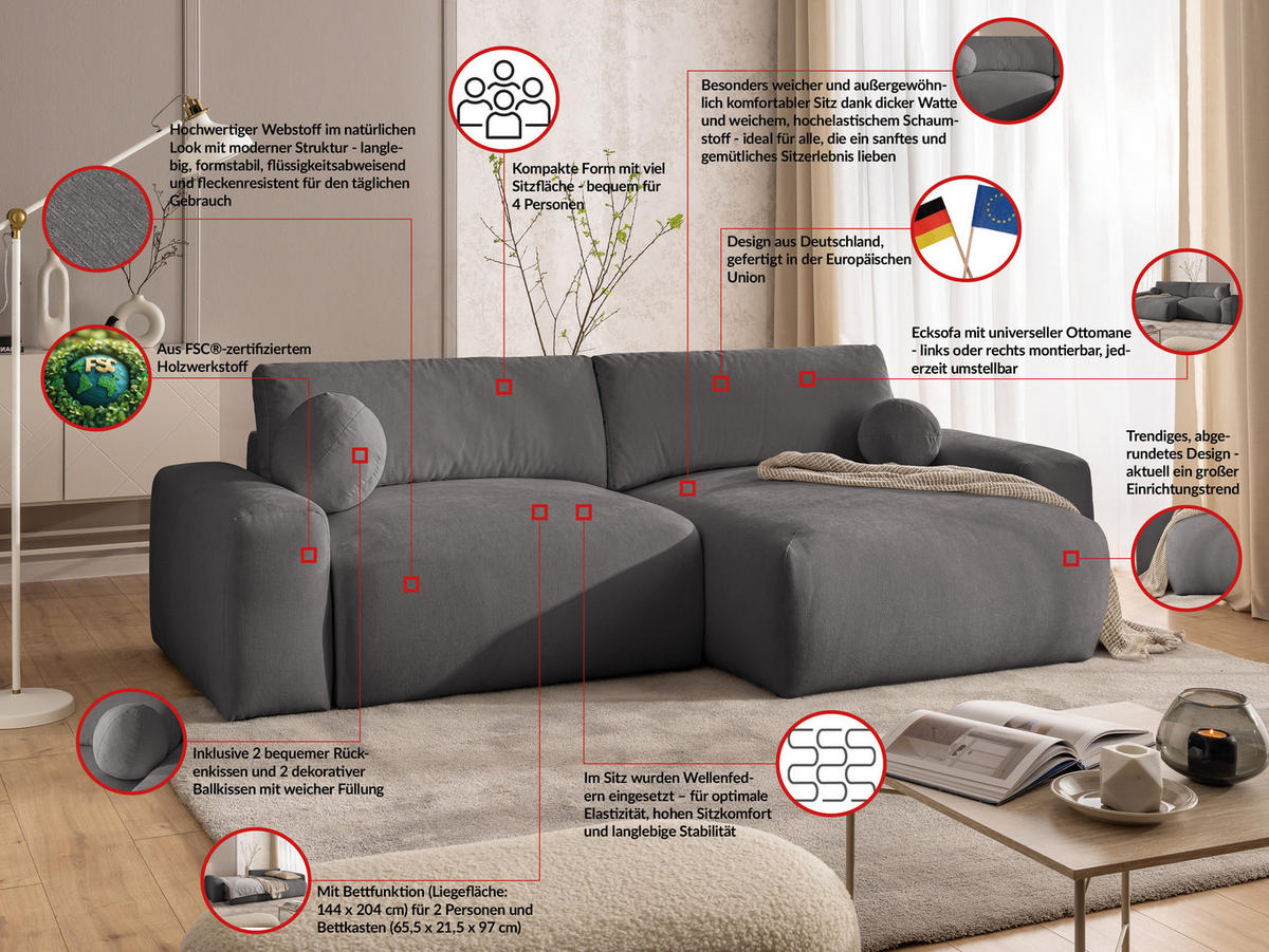 ECKSOFA Puffy mit Schlaffunktion und Bettkasten - besonders weich und puffig aus Taupe Webstoff - Ottomane rechts - Taupe/Schwarz, Holz/Kunststoff (266/138cm) - S-Style Möbel