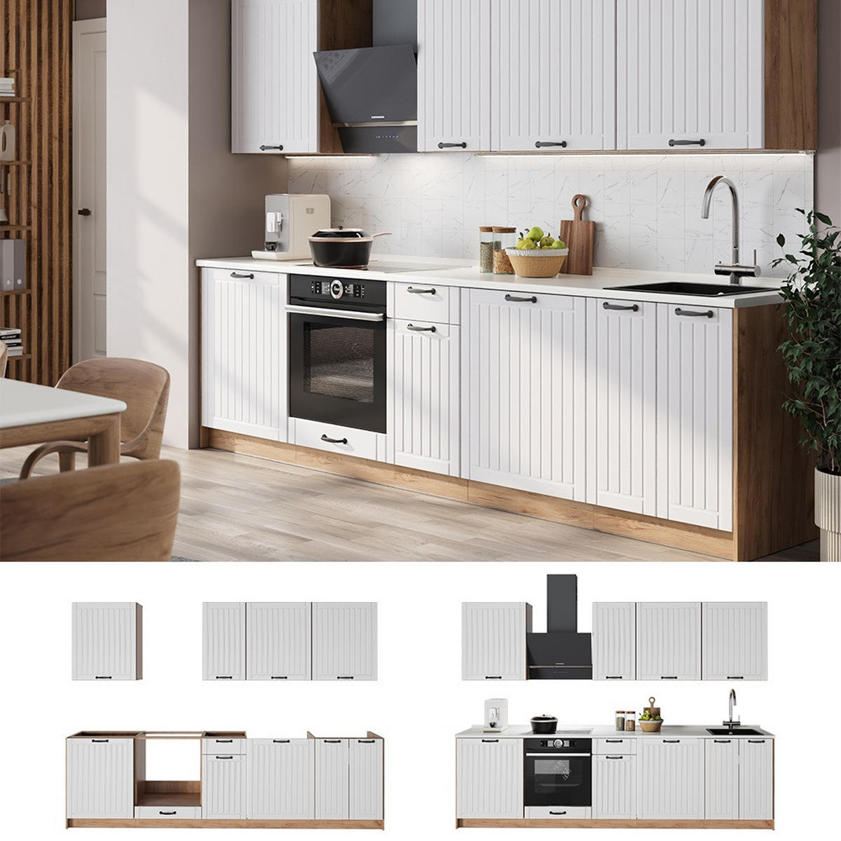 KÜCHENZEILE Fame-Line, Weiß Landhaus/Goldkraft Eiche, 280 cm ohne Arbeitsplatte - Honigeiche/Weiß, Holzwerkstoff (280/206.8/51.6cm) - Vicco