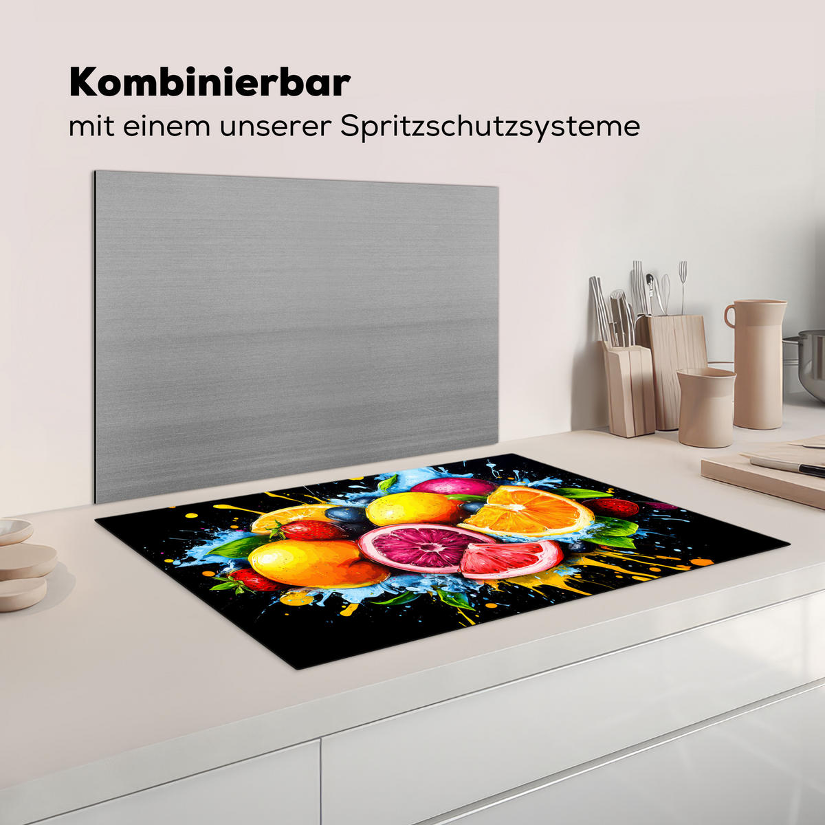 KRYT NA INDUKČNÍ DESKU Ovoce - graffiti - barevné - pomeranč - jahoda - abstraktní 80x52 cm - pomerančová, plast (80/52/0.2cm) - MuchoWow