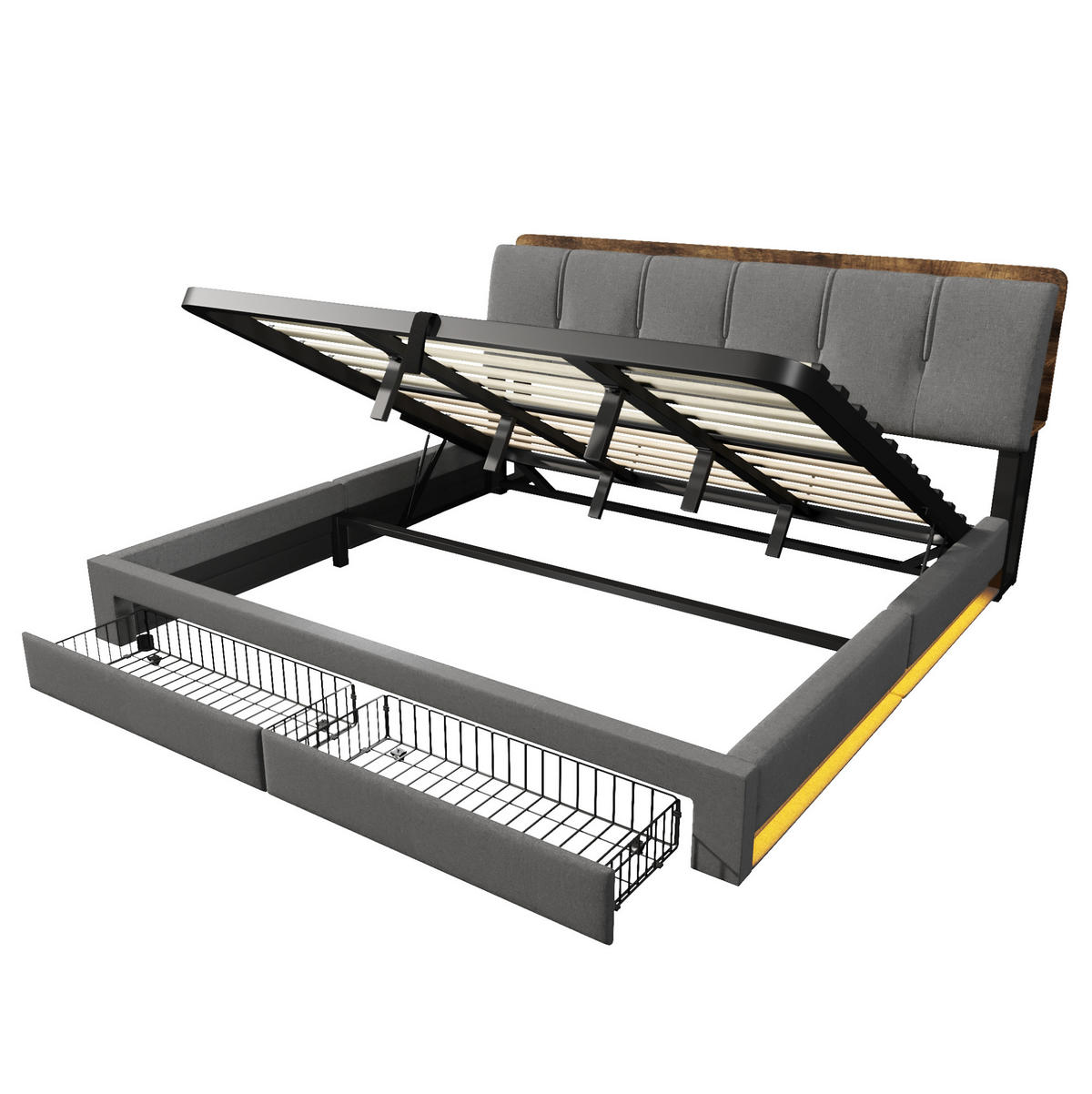 POLSTERBETT 180/200 cm aus Leinen mit hydraulischem Bettkasten, USB-/Typ-C-Anschluss, LED-Beleuchtung, Grau - Grau, Textil (180/200cm) - Redom