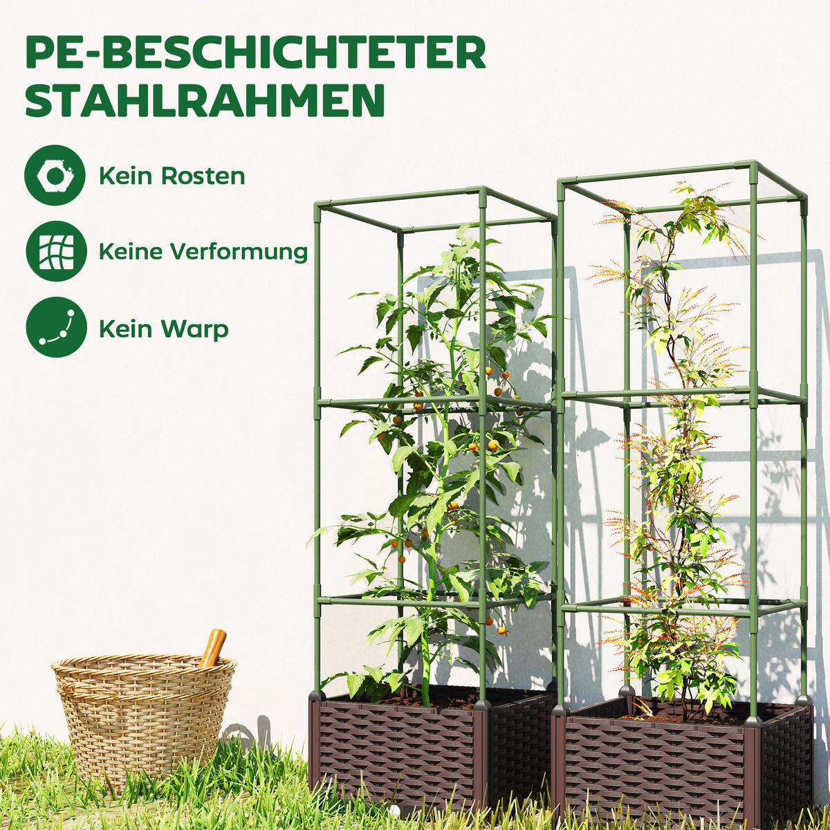 HOCHBEET mit Rankgitter 3er Set Pflanzkasten Blumenkasten mit Abflusslöchern - Grün, Metall (40/125/40cm) - Outsunny
