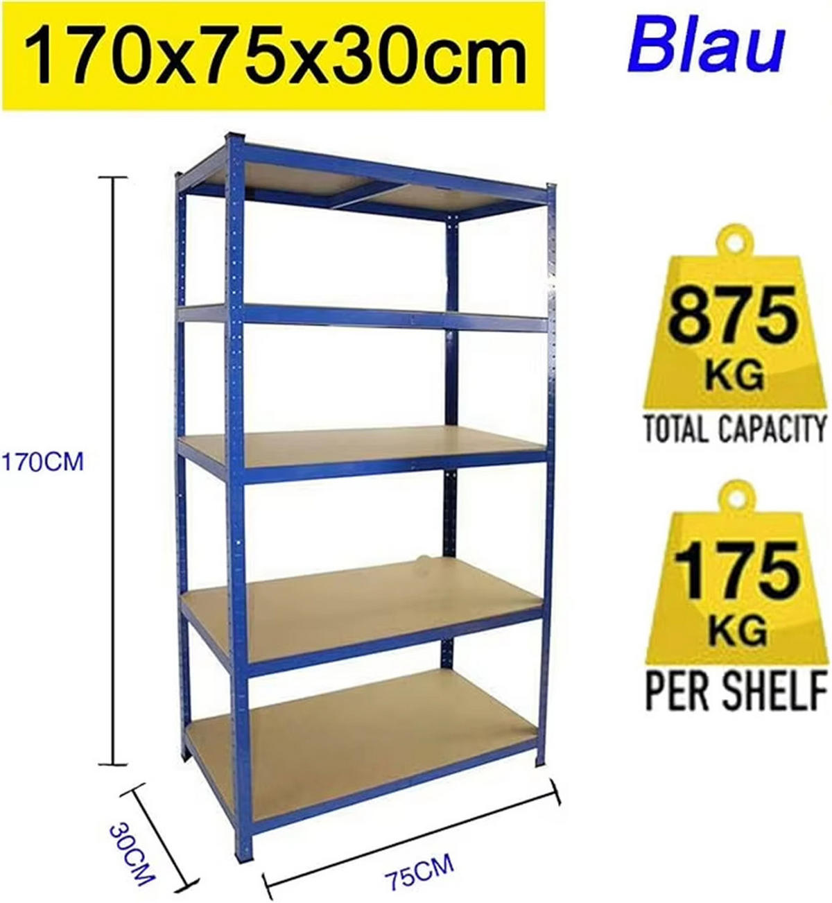 SCHWERLASTREGAL 75x170x30 cm Metall Aufbewahrungsregal - Blau, Metall (75/170/30cm) - Kaket
