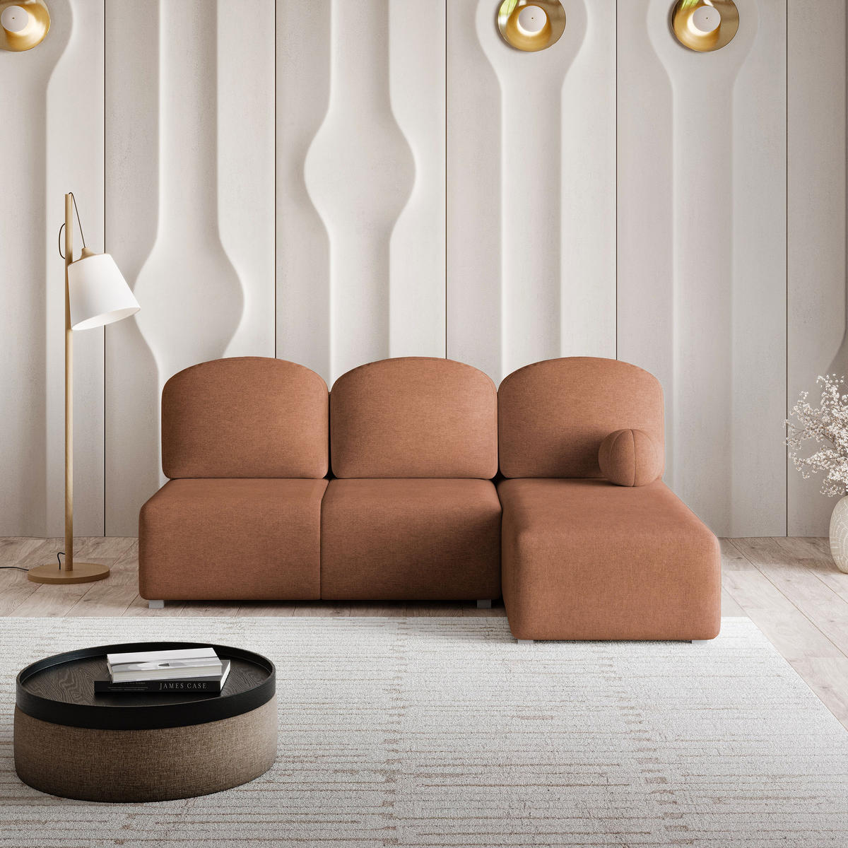 ECKSOFA TRAMA Kupferfarben Geflochtener Stoff mit Schlaffunktion - Kupferfarben, Holz (200/143cm) - MASSENO