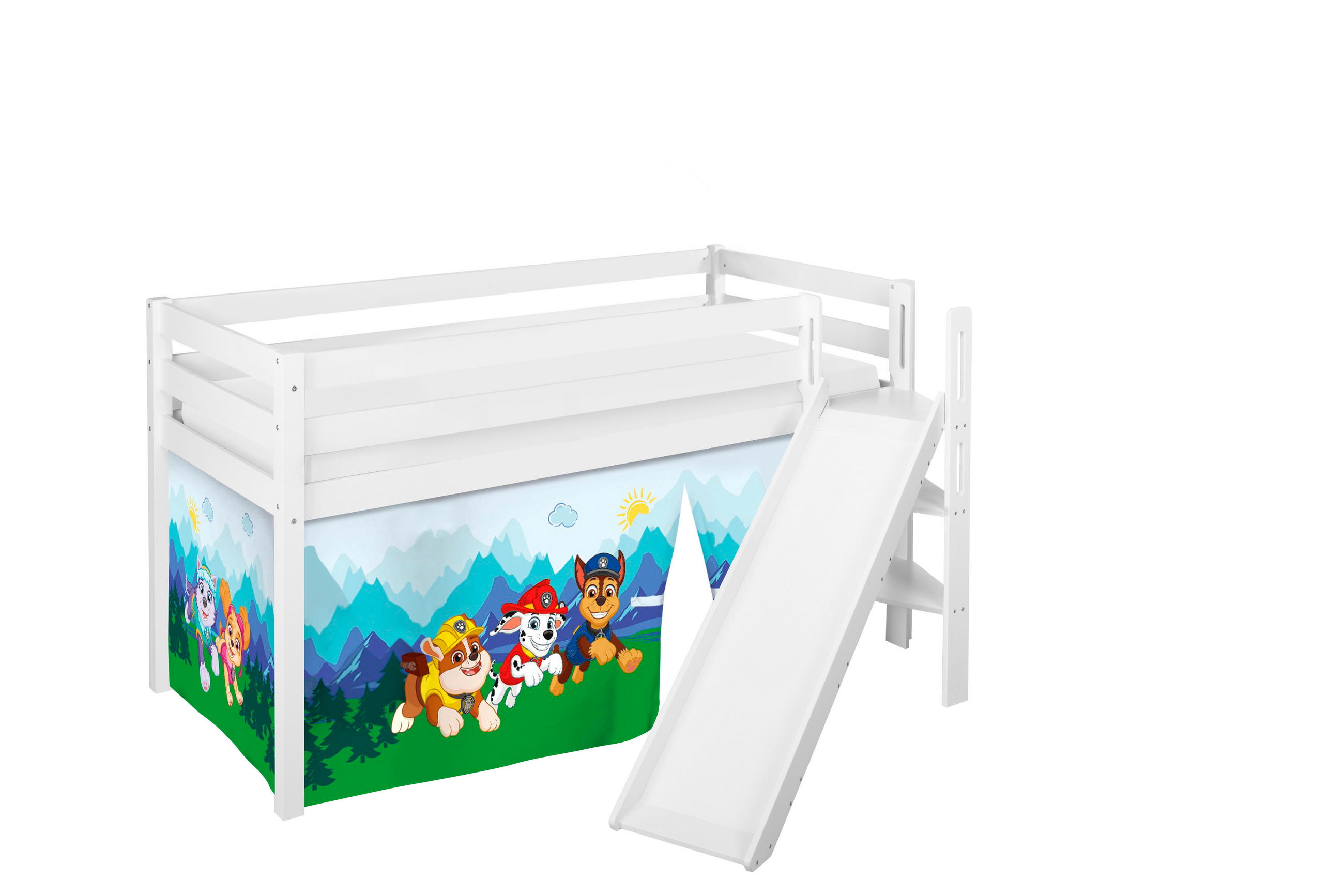 HOCHBETT JELLE Paw Patrol blau mit schräger Rutsche und Vorhang - Weiß, Holz - Lilokids