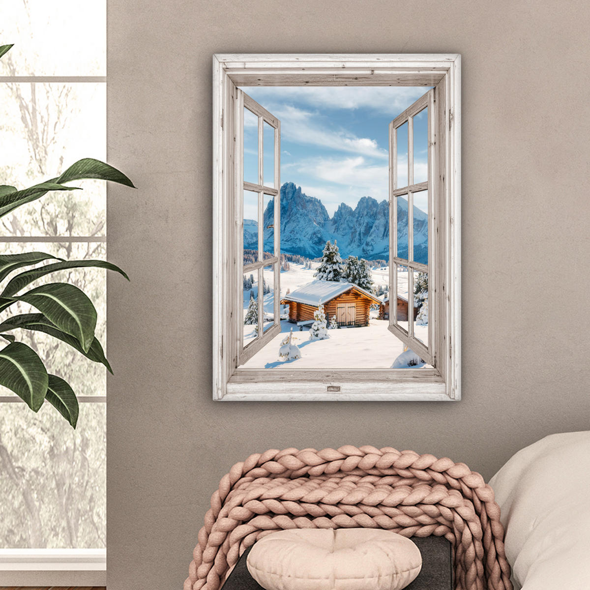 LEINWANDBILD Winterlandschaft - Hütte - Berge - Ausblicke - Aussicht - Natur Wandbild Wohnzimmer 60x80 cm - Weiß Hochglanz, Textil (60/80cm) - MuchoWow