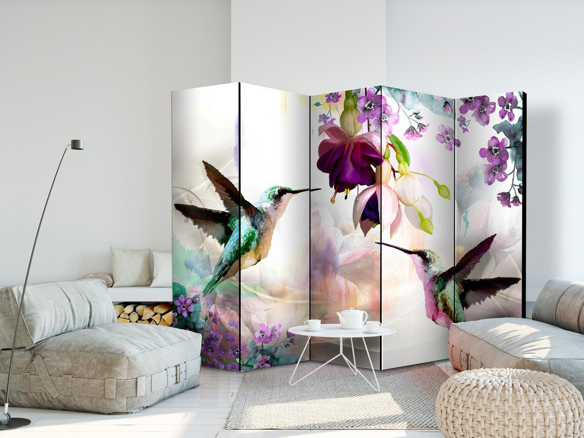 PARAVENT Akustik 5-tlg 225x172 cm Kolibri Blumen Natur - Multicolor, Holz/Textil (225/172/3cm) - Muralo