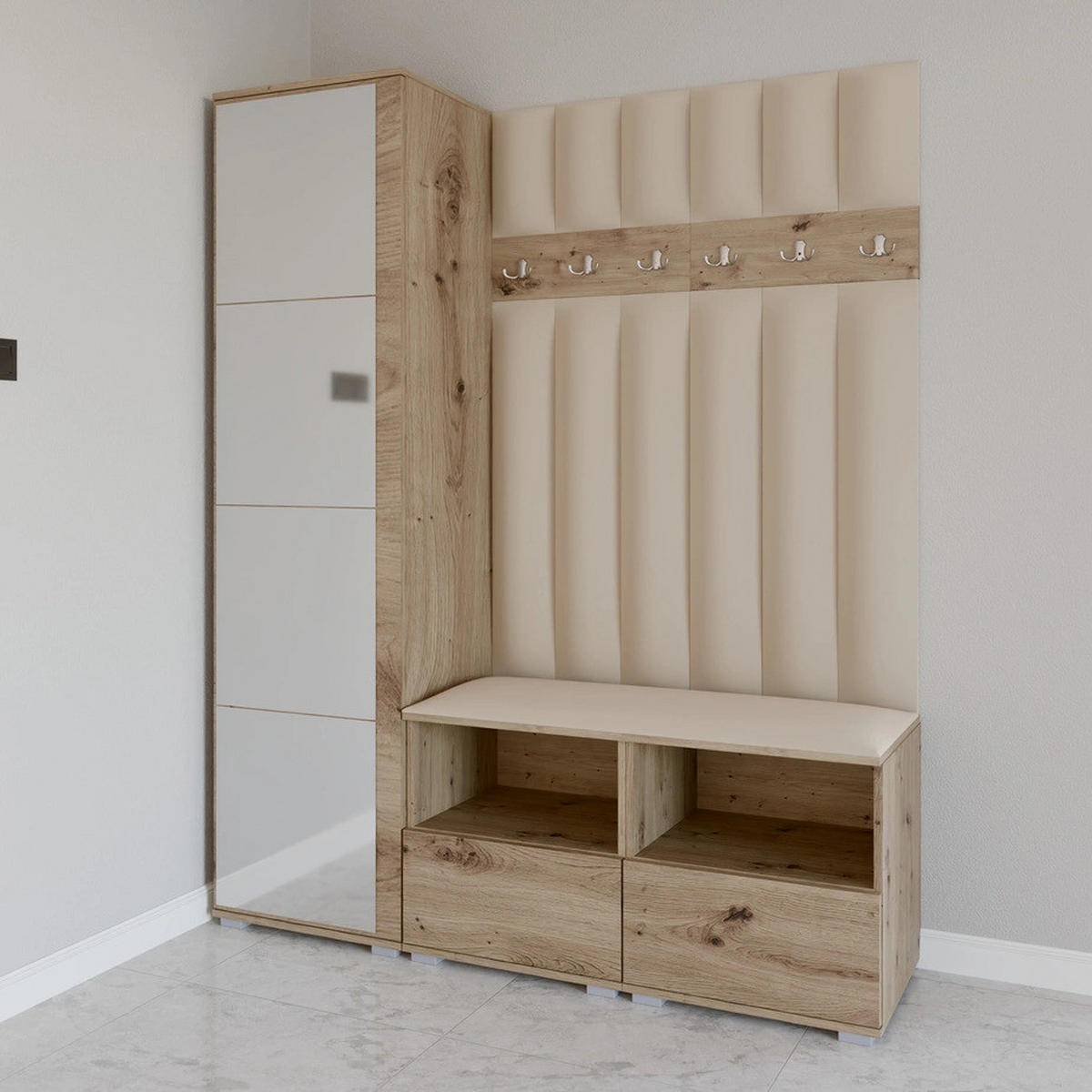 GEPOLSTERT Garderoben-Set Nela II LUX (Spiegel – Farbe Eiche Artisan + Stoff Trinity 04) - Beige/Silberfarben, Holz/Holzwerkstoff (150/187/40cm) - Ravio