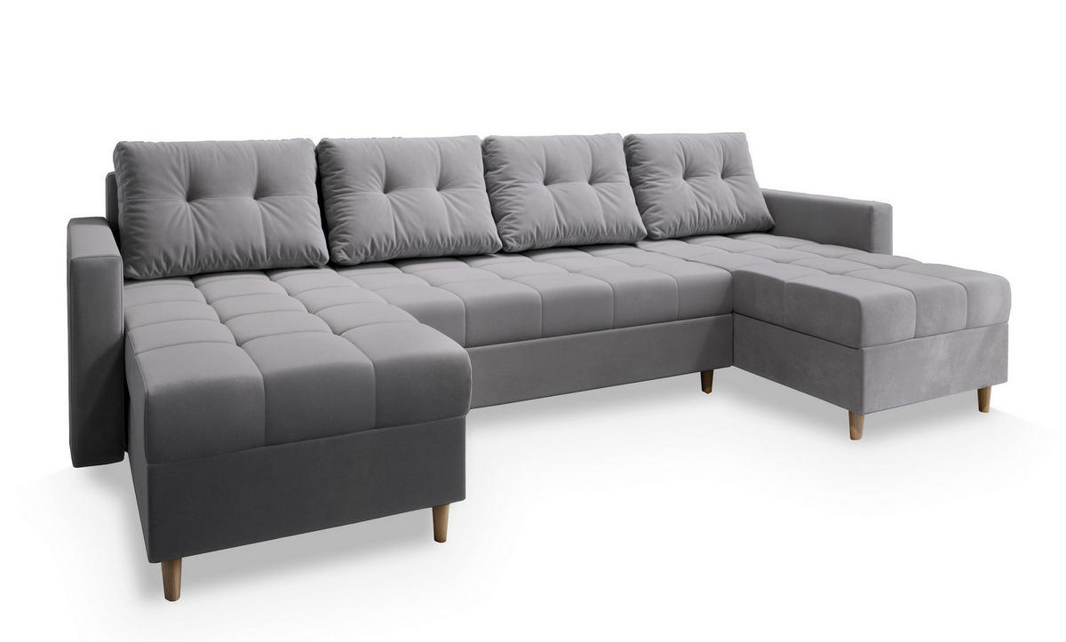 WOHNLANDSCHAFT MILO U Hellgrau Plüsch-Stoff mit Schlaffunktion - Hellgrau, Holz (285/91/140cm) - MASSENO