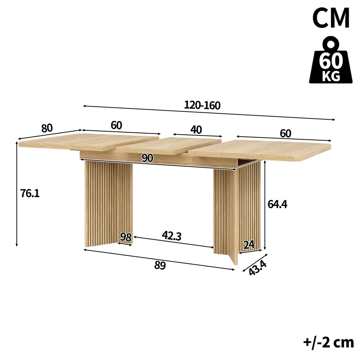 ESSTISCH ausziehbar 120-160/80/76,1 cm DE-39643 Eiche hell - Naturfarben, Holzwerkstoff (80/120/76.1cm) - ComfortXL