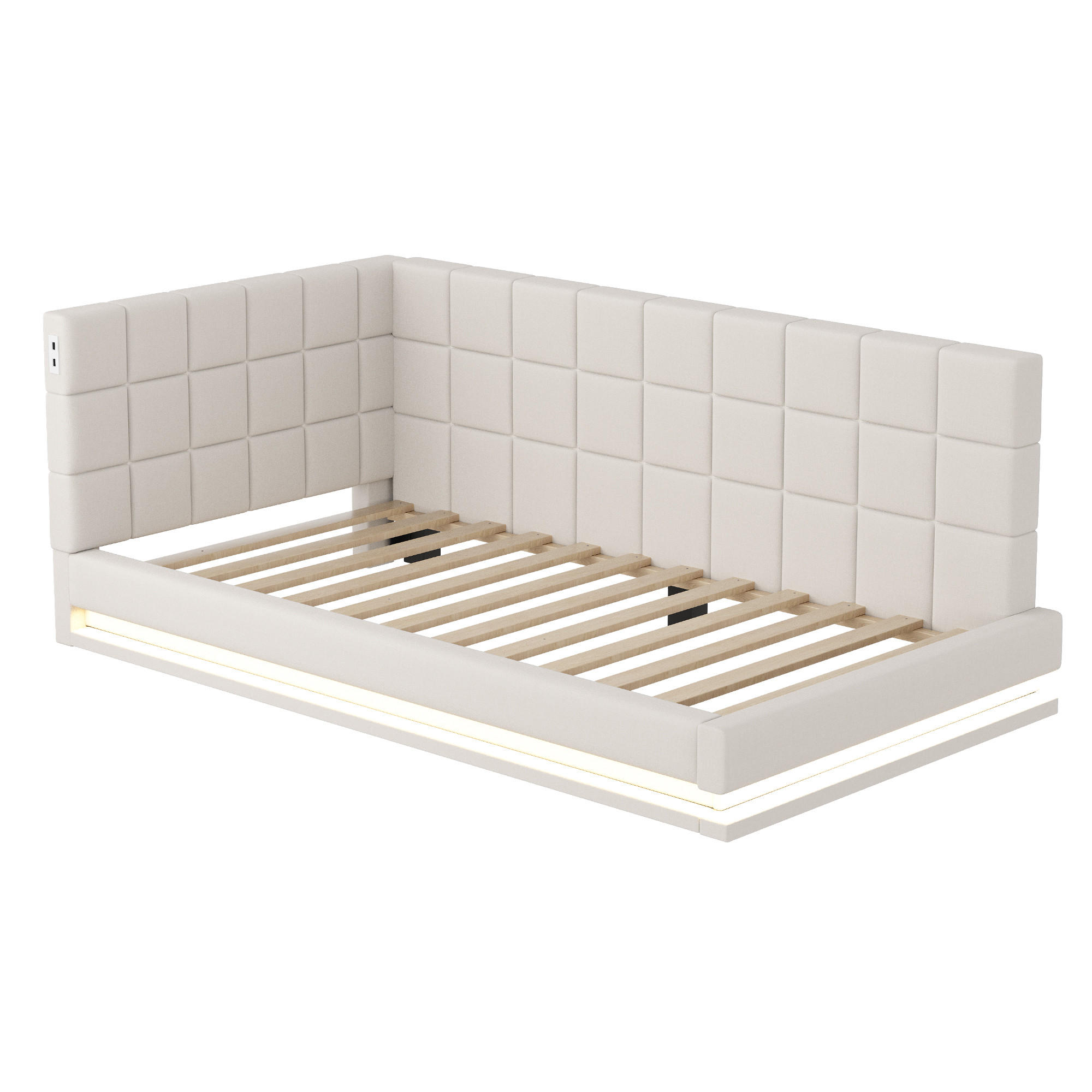 POLSTERBETT 90/200 cm DE-02029, in Beige, mit LED und USB - Beige, Holzwerkstoff (90/200cm) - ComfortXL