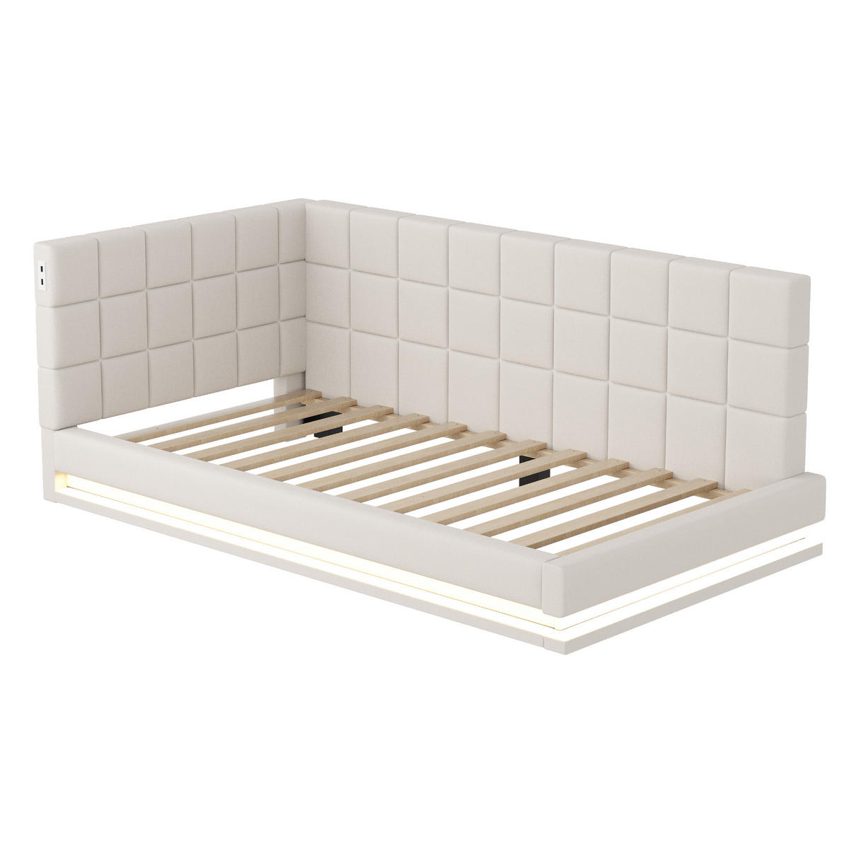 POLSTERBETT 90/200 cm mit LED-Beleuchtung und USB-Steckdose Leinenstoff Beige - Beige, Textil (90/200cm) - OKWISH