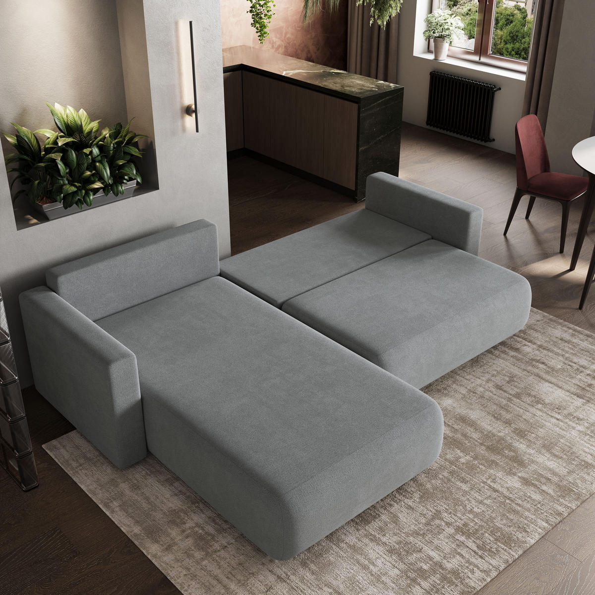 ECKSOFA TURIN Grau Geflochtener Stoff mit Schlaffunktion - Grau, Holz (265/183cm) - MASSENO