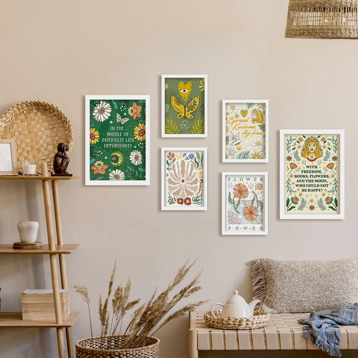 POSTER Set Mit 6 Drucken Mit Freundlichkeit In Der Brillanten Groovy Dekorative Rahmen Für Ihr Wohnzimmer Zuhause Wandkunstdruck A3 & A4 Weißer Rahmen - Weiß, Papier (29/3cm) - Nacnic