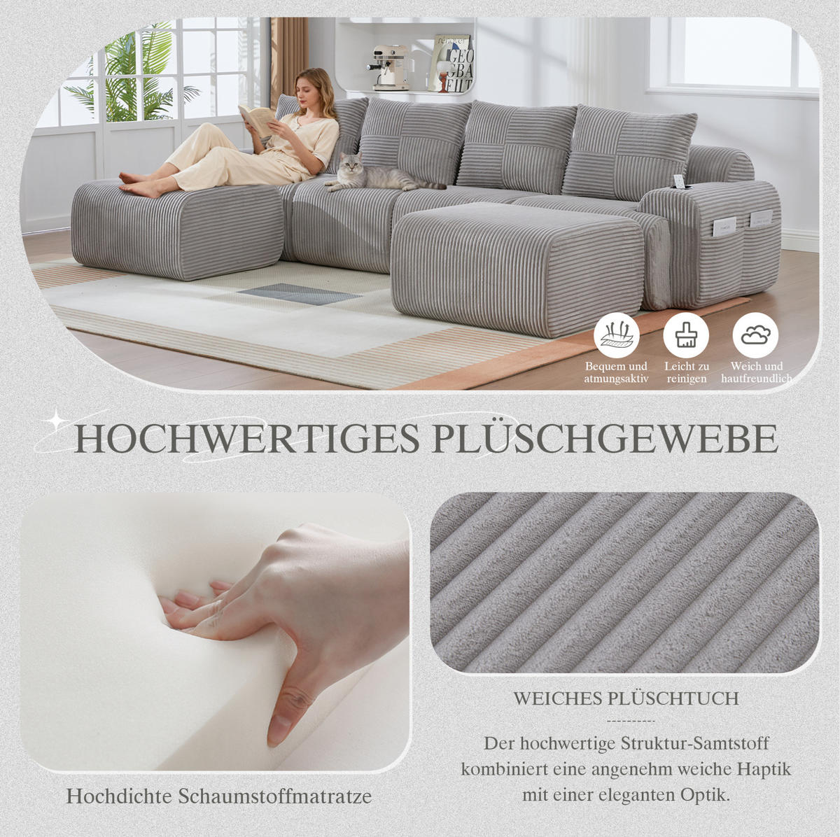 MODULARES Sofa 333/174/80 cm in Hellgrau mit 2 Hockern und Getränkehalter - Hellgrau, Textil (174/80/333cm) - Flora Grace