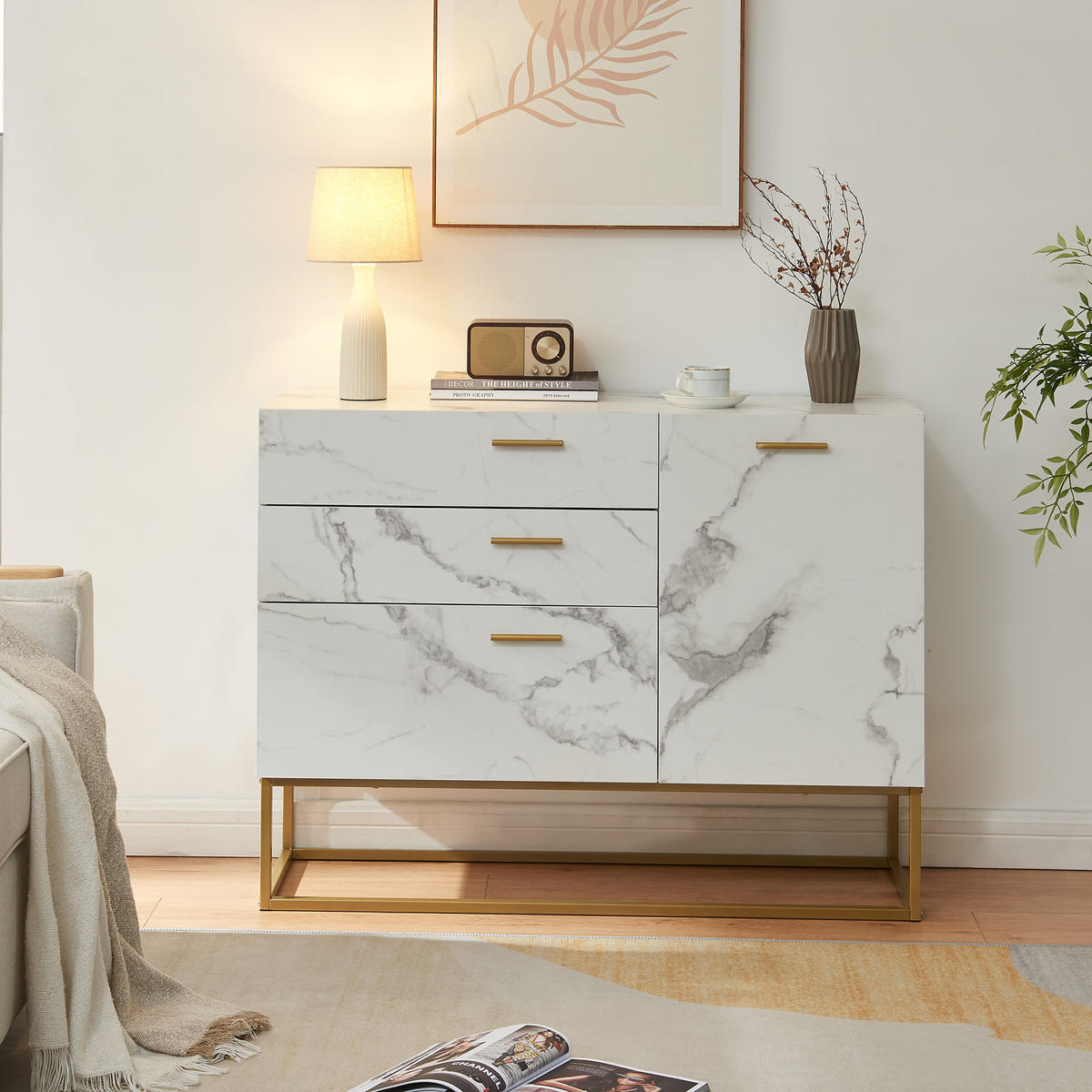 SIDEBOARD Lavangen - Goldfarben/Weiß, Holzwerkstoff/Metall (100/75/35cm) - [en.casa]