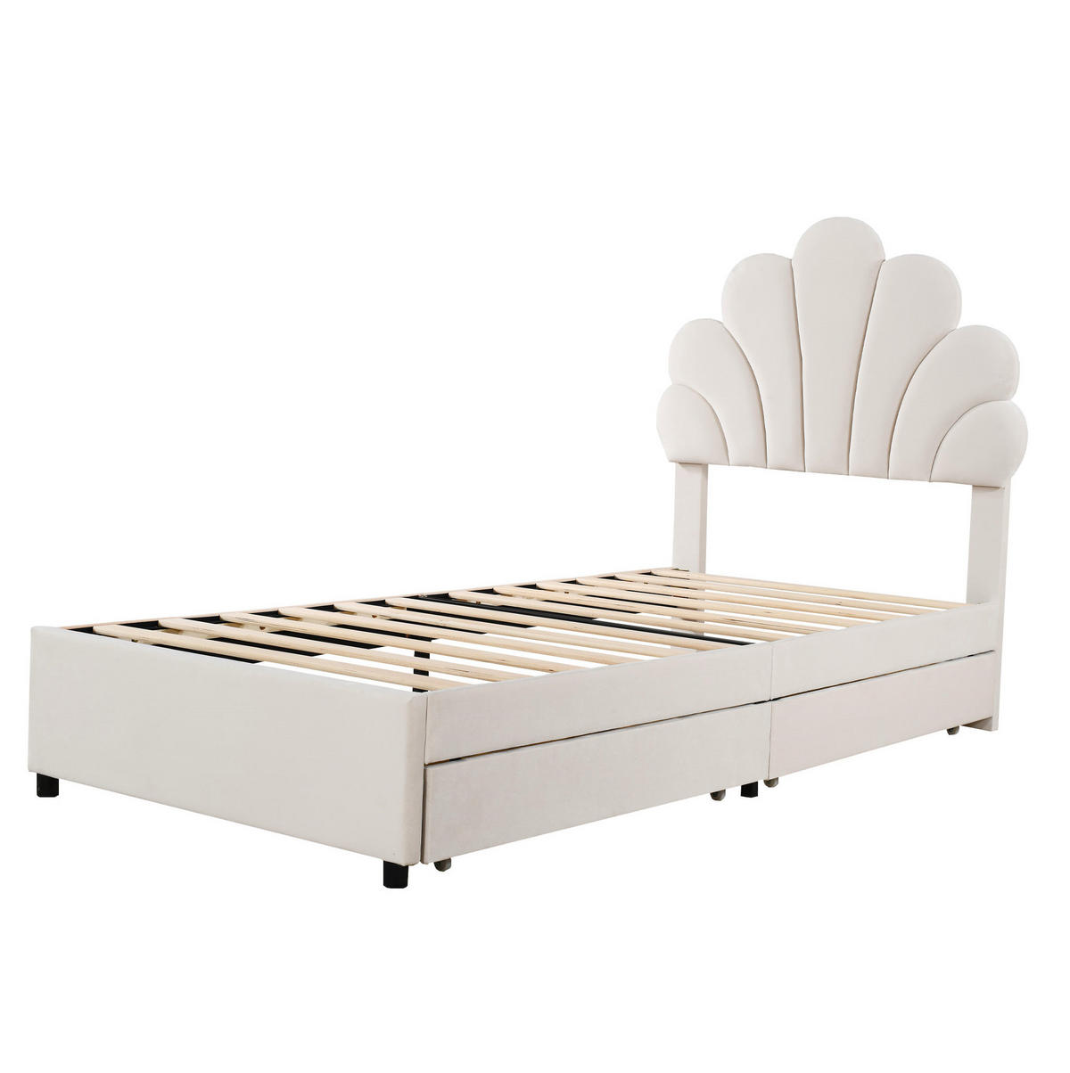 TAPECIRANI dječji krevet 90/200 cm bež od baršuna s 2 ladice i podnicom - bež, tekstil (90/200cm) - OKWISH