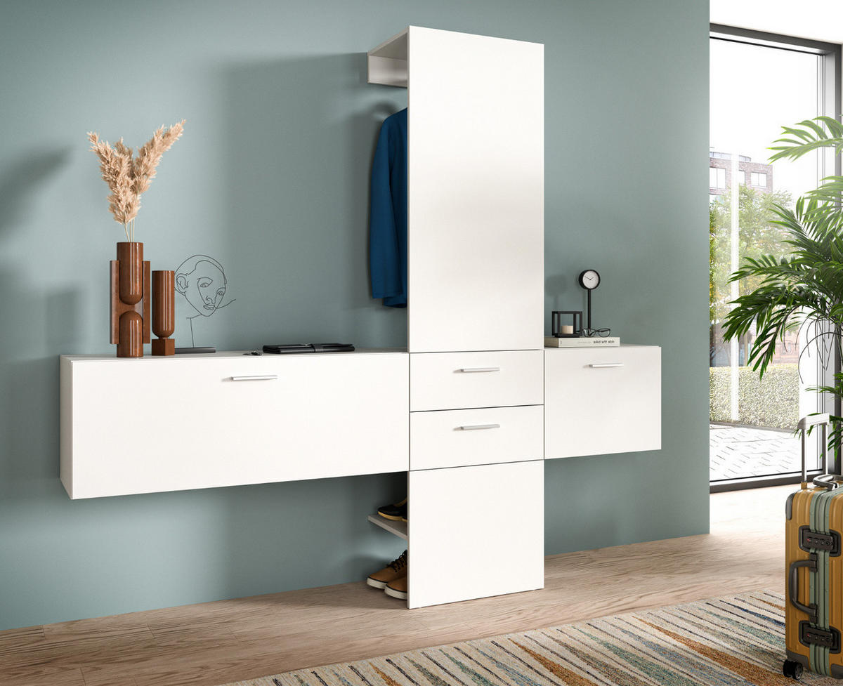 GARDEROBE Set 3-teilig weiß 208 cm, Komplettset mit viel Stauraum - Silberfarben/Weiß, Glas/Holzwerkstoff (208/190/36cm) - Inn.Furn