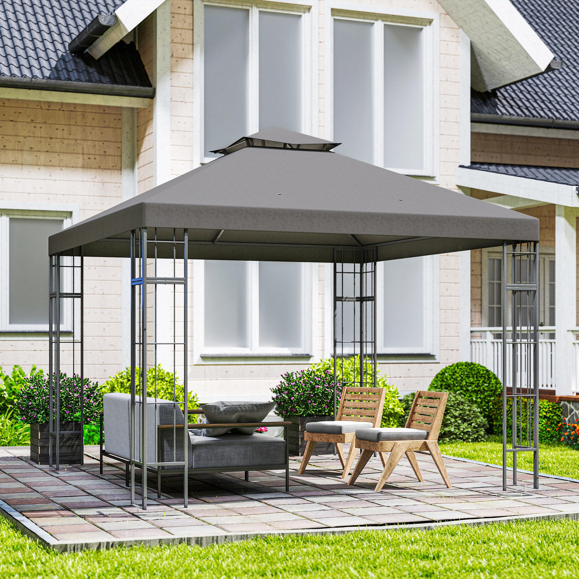 GARTEN-PAVILLON mit Doppeldach, ca. 3x3 m, Sonnenschutz - Dunkelgrau, Metall (298/279/162cm) - Outsunny