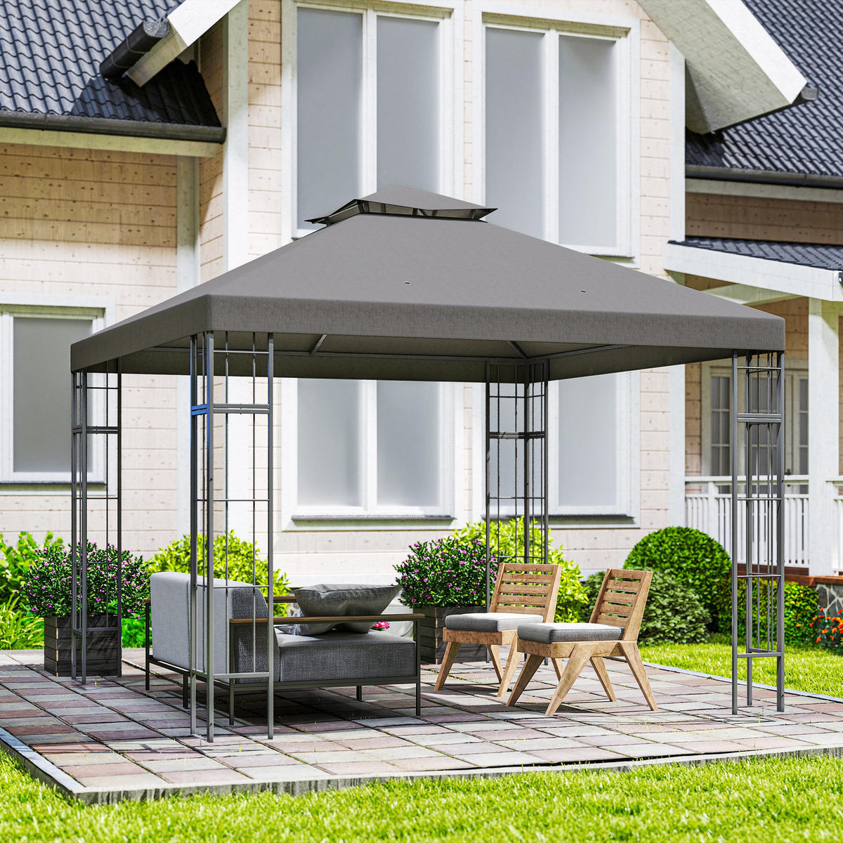 GARTEN-PAVILLON mit Doppeldach, ca. 3x3 m, Sonnenschutz - Dunkelgrau, Metall (298/279/162cm) - Outsunny