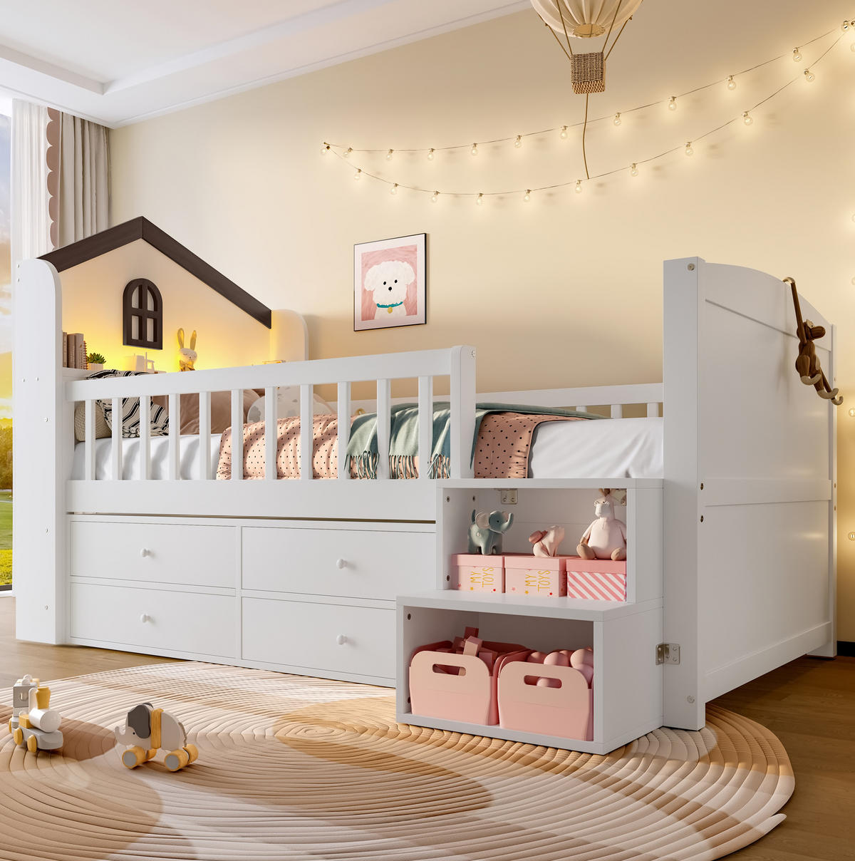 KINDERBETT 90/200 cm in Hausform mit LED, Stauraumleiter und 4 Schubladen - Weiß, Holz (90/200cm) - BEAOK