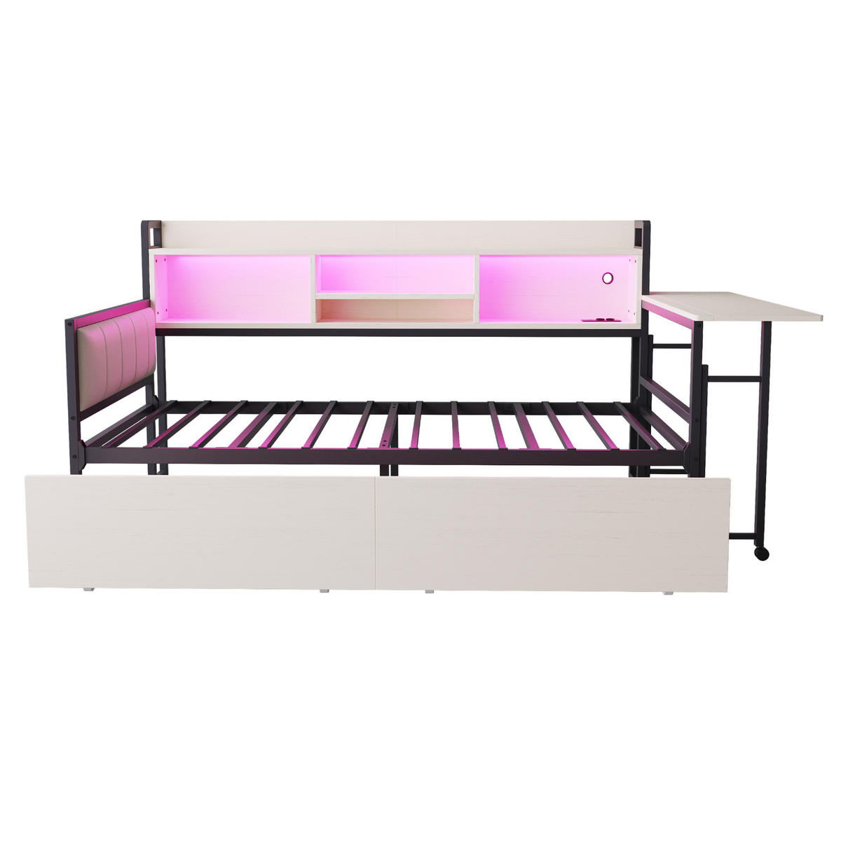 BETT 90/200 cm in Weiß mit LED-Beleuchtung, Schreibtisch und Stauraum - Weiß, Metall (90/200cm) - Flora Grace