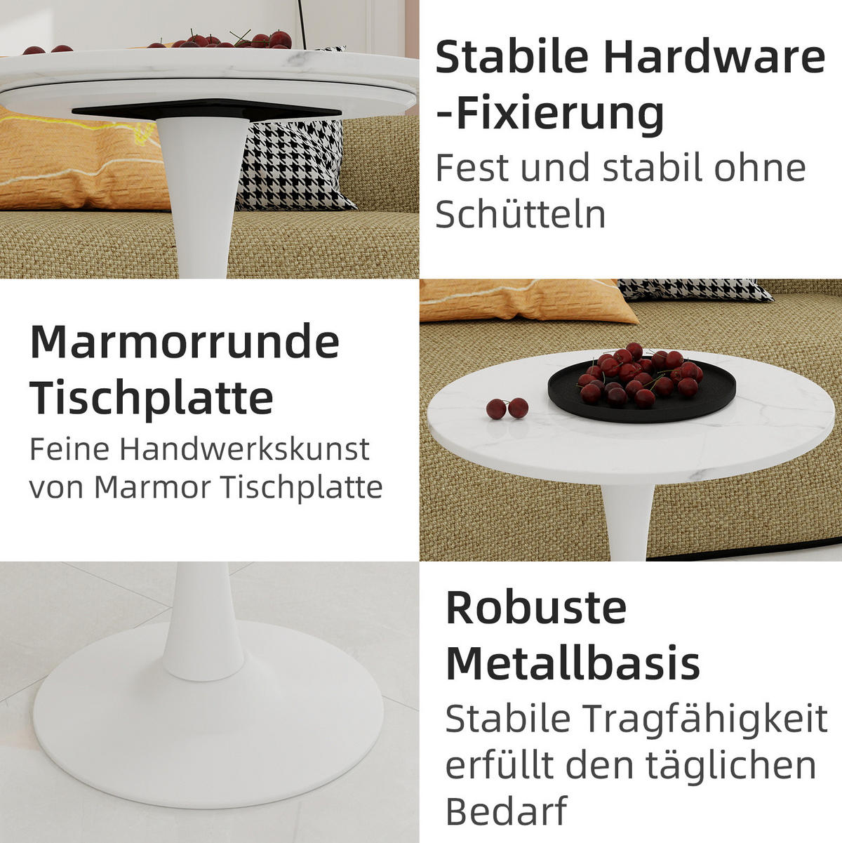 COUCHTISCH 70 cm weiß aus Kunstmarmor mit runder Tischplatte - Weiß, Stein (70/70/72cm) - OKMYHOME