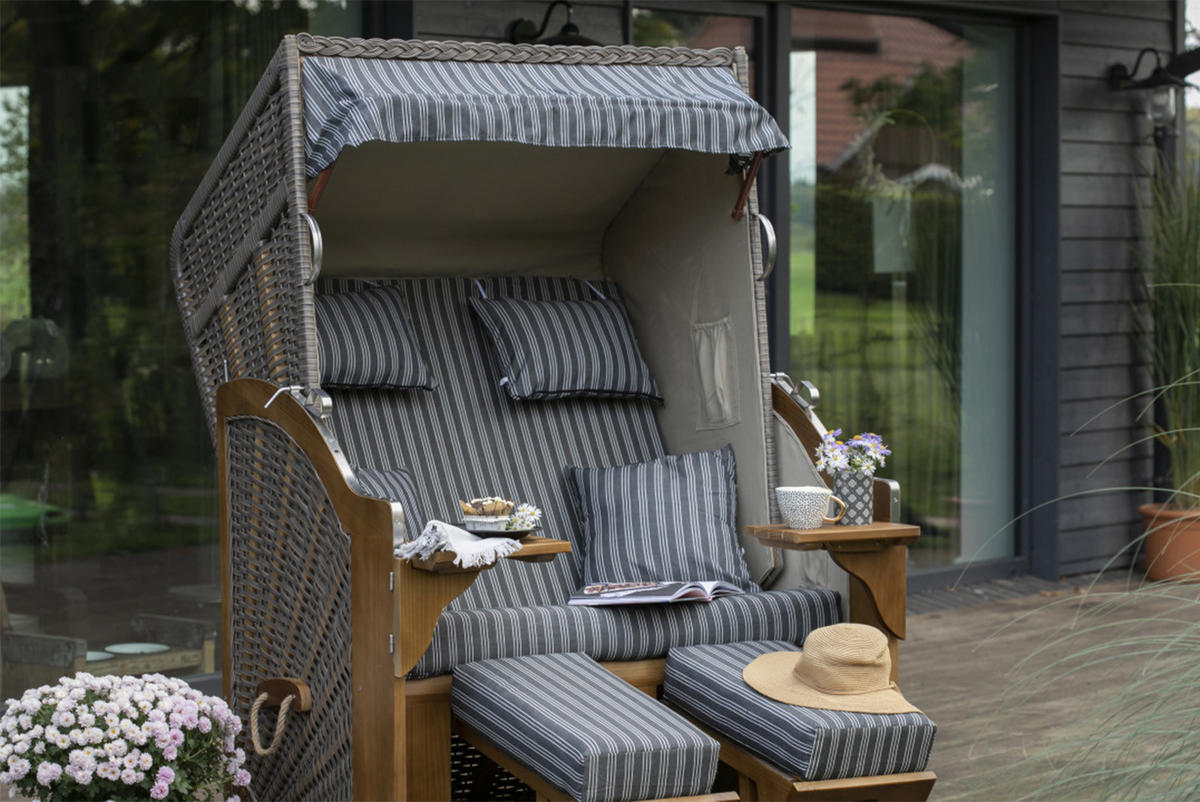 STRANDKORB Komplettset - Schleswig Pinie - PE mokka - Modell 553 - Grau, Holz (120/160/80cm) - bene living