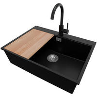 GRANITSPÜLE Oslo, 2-er set Schwarz 68/50 cm 1 Becken + Küchenarmatur 32/20 cm + Ablauf-Set + Schneidebrett ab 70er Unterschrank - Chromfarben/Beige, Kunststoff (68/20/50cm) - Primagran