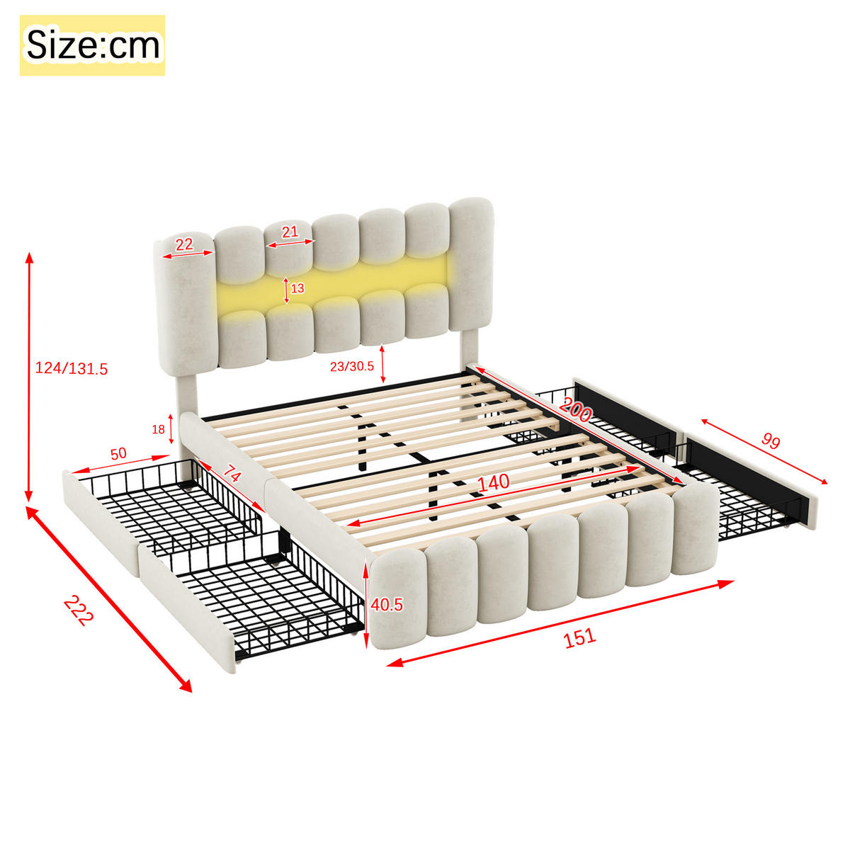 TAPECIRANI krevet 140/200 cm od baršuna s LED osvjetljenjem, USB priključkom, zvučnicima i 4 ladice, Bež - bež, tekstil (140/200cm) - Redom