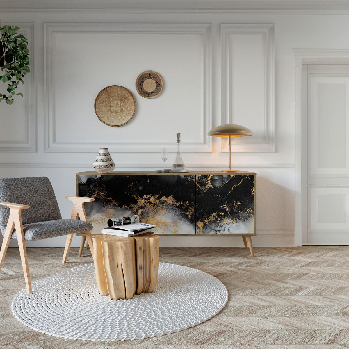 SIDEBOARD MARBLE OF TOMMORROW, Eicheneffekt, 164,5x42x77,5 cm, 3 Türen - Eichefarben/Buchefarben, Holzwerkstoff/Buchenholz (164.5/77.5/42cm) - SpaceRebels
