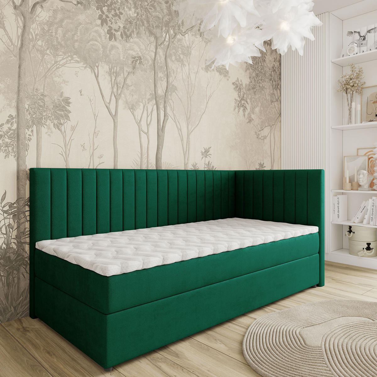 BOXBETT ARIS 100x200 cm mit Matratze und Topper, H2+H3 - Grün - Grün, Holz (100/200cm) - MASSENO