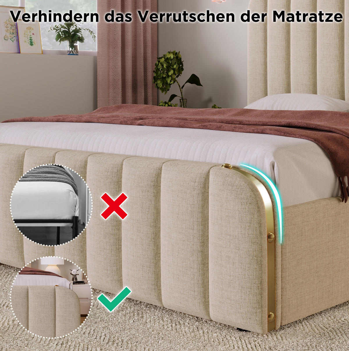 POLSTERBETT 160/200 cm mit 4 Schubladen, USB/Typ-C im Kopfteil, Leinen Beige - Beige, Textil (160/200cm) - Redom