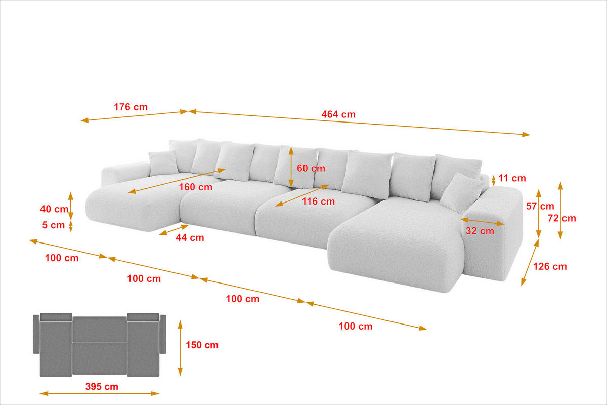 WOHNLANDSCHAFT mit Schlaffunktion ESKAR-U2-464x176x84cm Weiß - Weiß, Holzwerkstoff/Kunststoff (176/72/464cm) - ALTDECOR