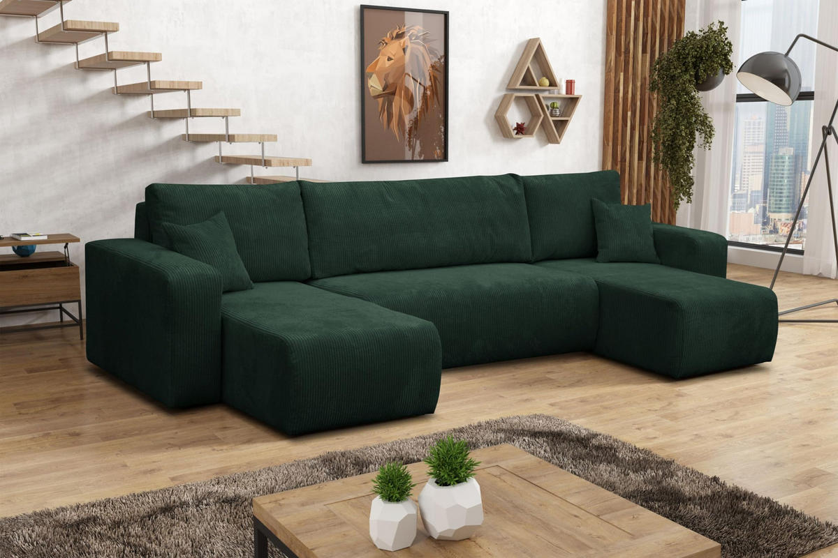 WOHNLANDSCHAFT LUNA U-FORM mit Schlaffunktion und Bettkasten (Grün) - Grün, Textil (312/83/142cm) - VENASI MÖBEL