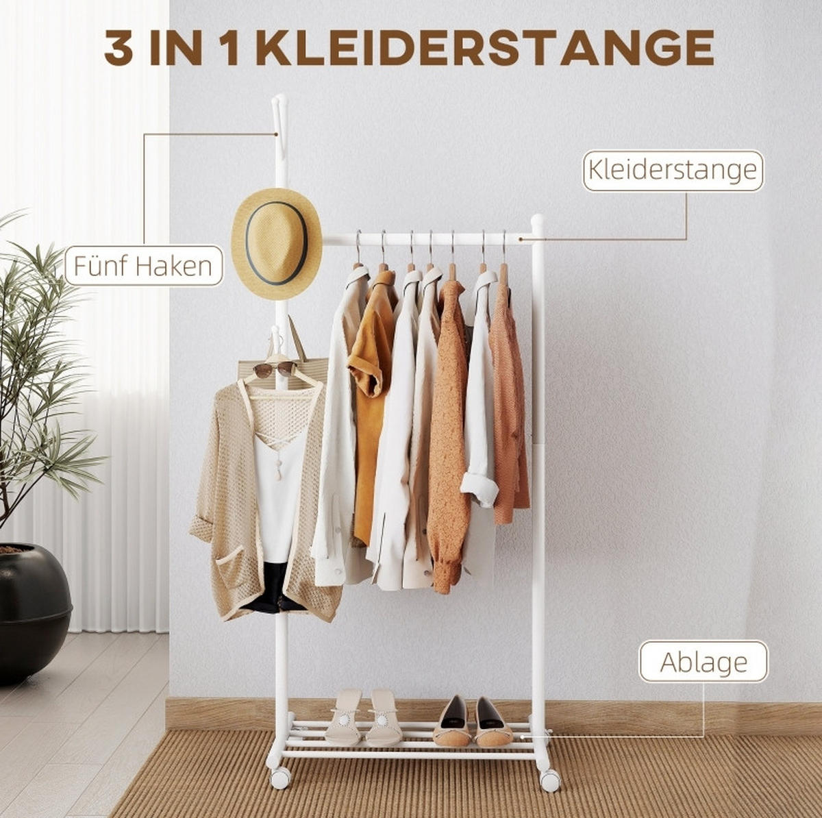 GARDEROBE 68/171/43 cm Weiß aus Metall mit Rollen - Weiß, Metall (43/171/68cm) - OKMYHOME