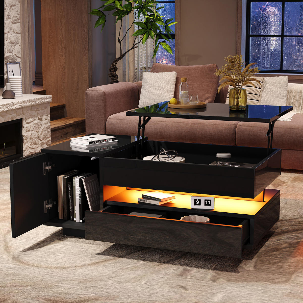 COUCHTISCH DE-195 Schwarz mit Hebefunktion und LED - Schwarz, Holzwerkstoff (50/95/40cm) - ComfortXL