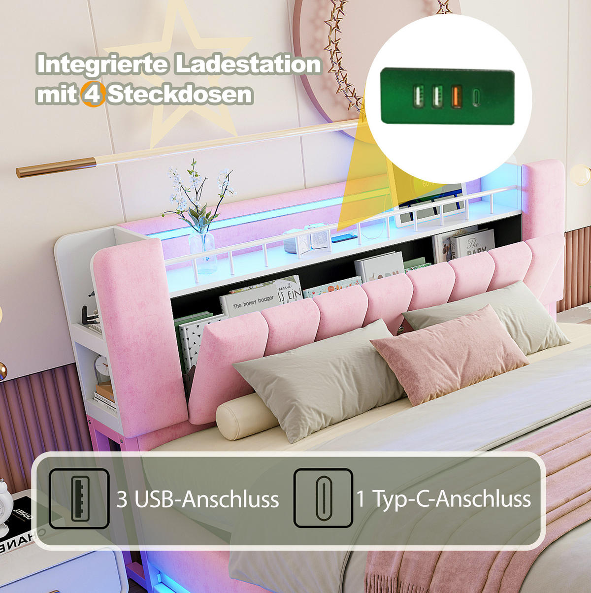 POLSTERBETT mit Samtbezug 140x200 cm Rosa mit LED-Beleuchtung, USB-Anschlüssen und Stauraum - Pink, Textil (140/200cm) - Modfu