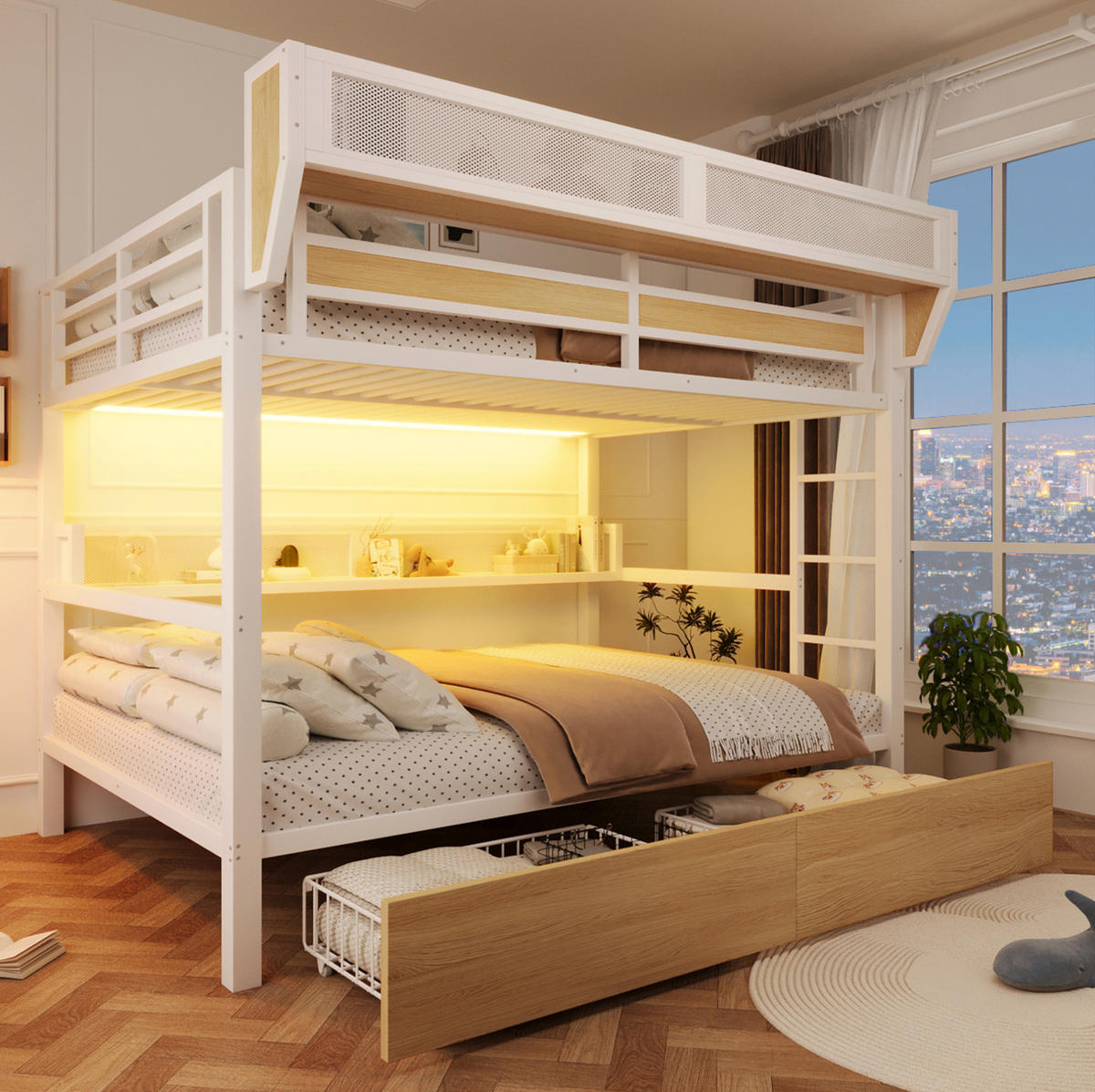 HOCHBETT aus Metall und MDF 140x200 cm Weiß mit Stauraum, Schubladen und LED-Beleuchtung - Weiß, Holzwerkstoff (140/200cm) - Modfu